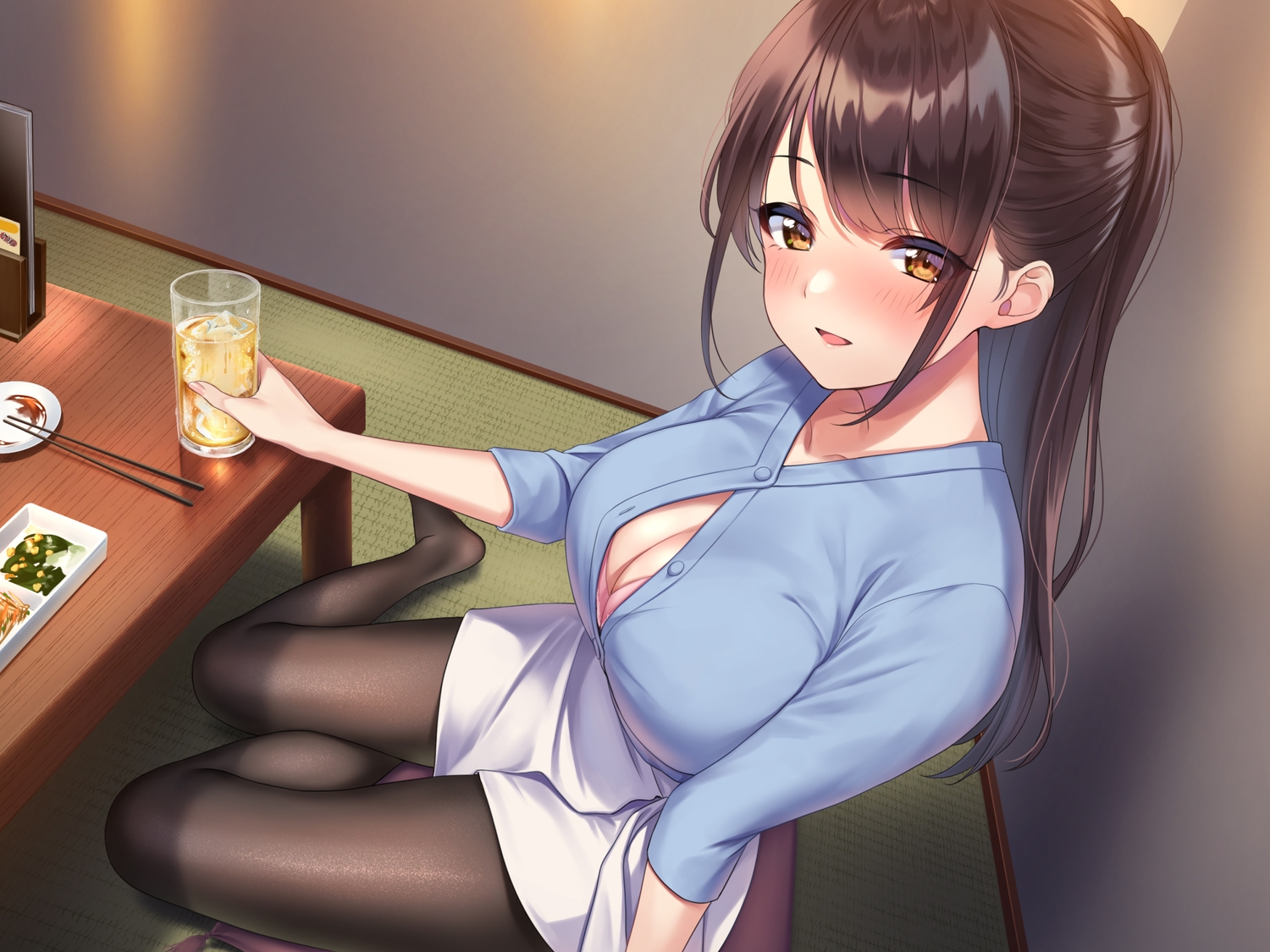amagi_shino, bed, blush, bra, breasts, brown_eyes, brown_hair, cleavage