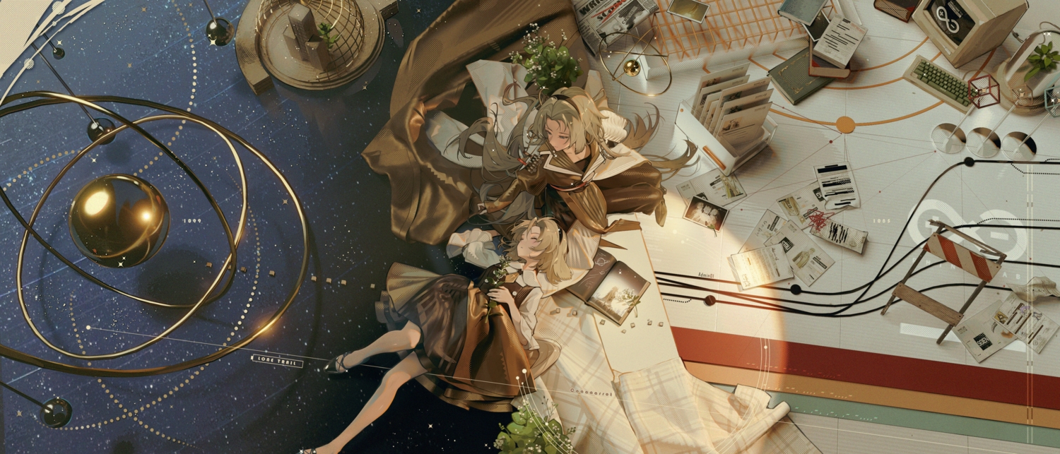 2girls, 3d, arknights, book, caaaaarrot, dress, gray_hair, headband, kristen_(arknights), loli, long_hair, paper, sleeping