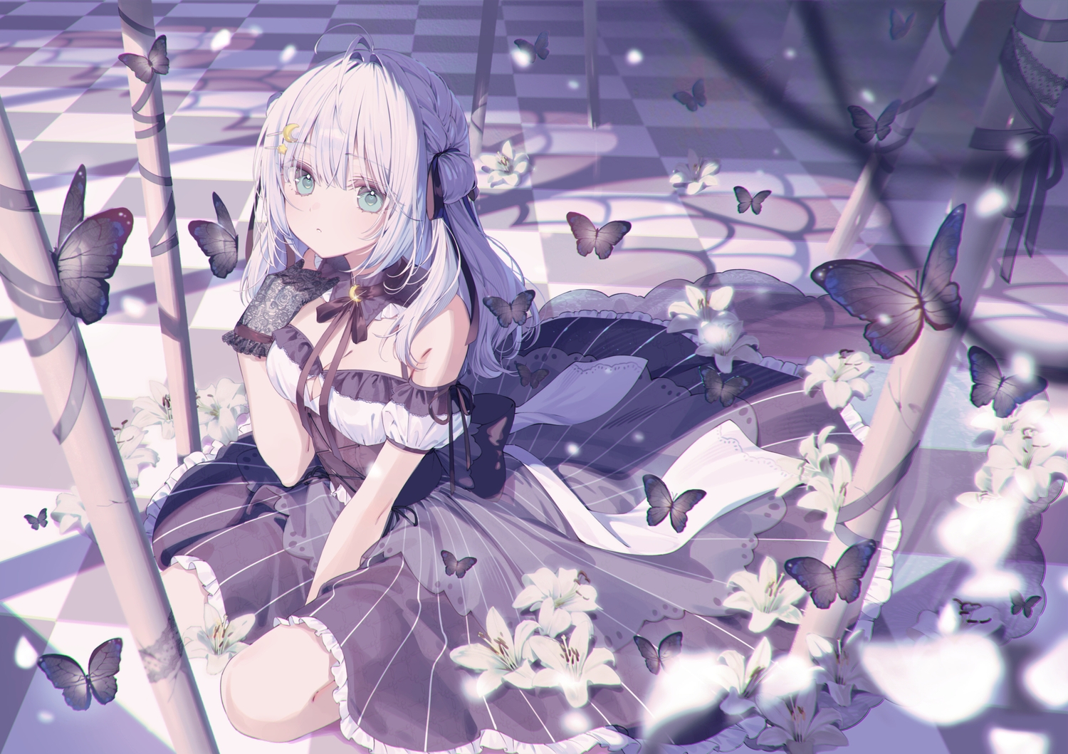 a20_(atsumaru), aqua_eyes, braids, breasts, butterfly, cleavage, dress, flowers, gloves, gray_hair, kazuki_mikuru, long_hair, propro_production