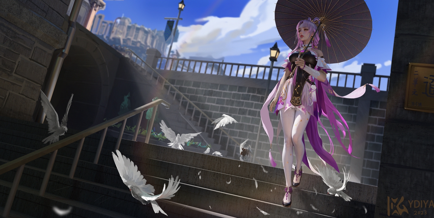 3d, animal, bird, building, choker, clouds, dress, fu_xuan_(honkai:_star_rail)