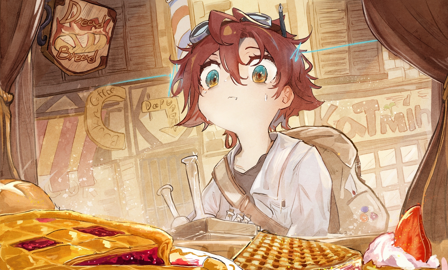 brown_eyes, cake, close, fang, food, fruit, goggles, nereb_72