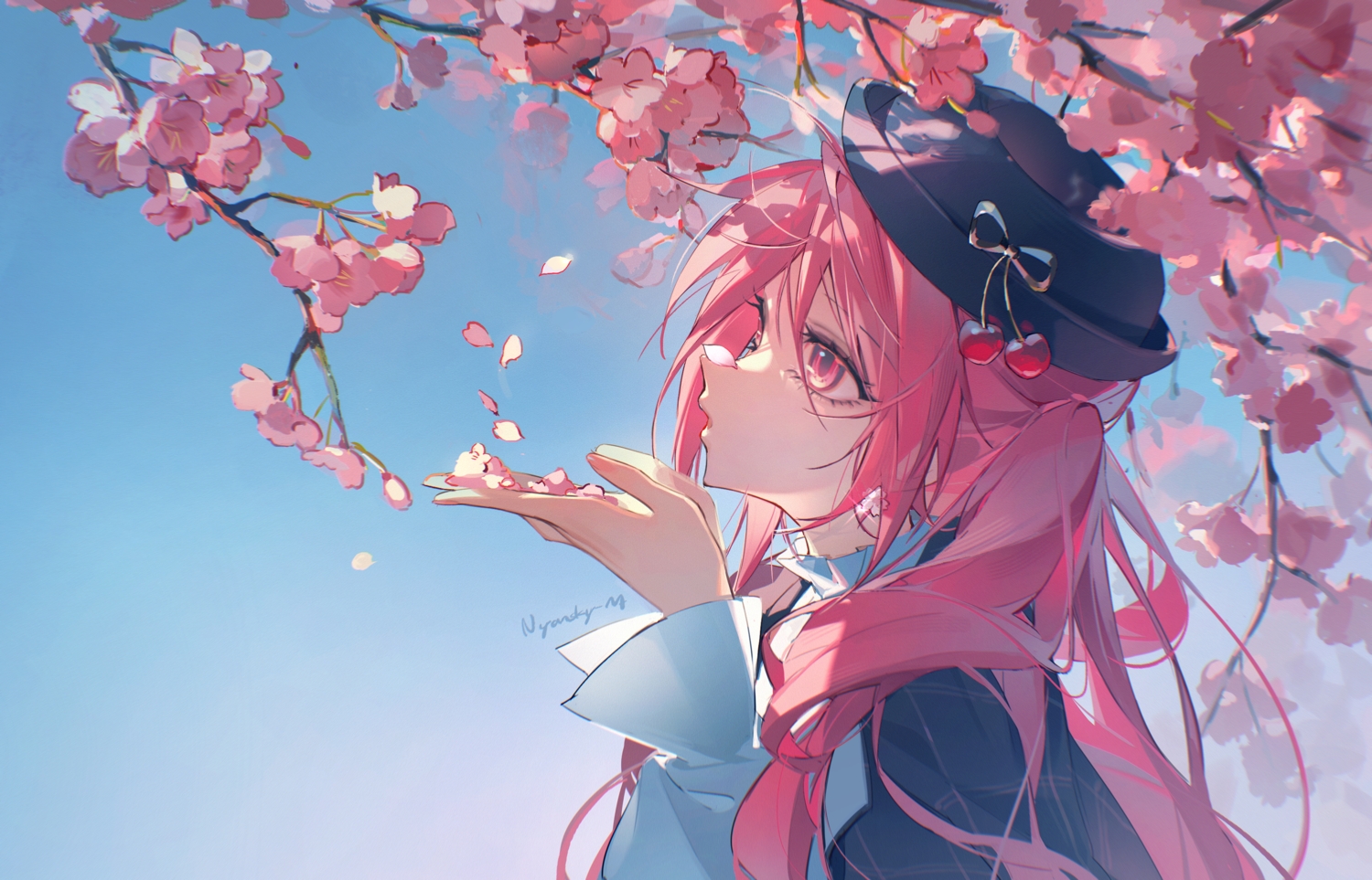 cape, cherry_blossoms, close, flowers, hat, hatsune_miku, long_hair, nyansky