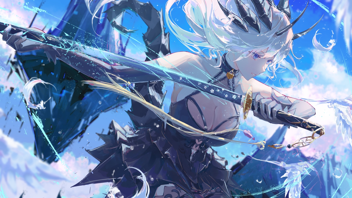 animal, bird, blue_eyes, breasts, choker, cleavage, clouds, dress, elbow_gloves, fuunyon, gloves, long_hair, magic, original, sky, sword, tail, weapon, white_hair