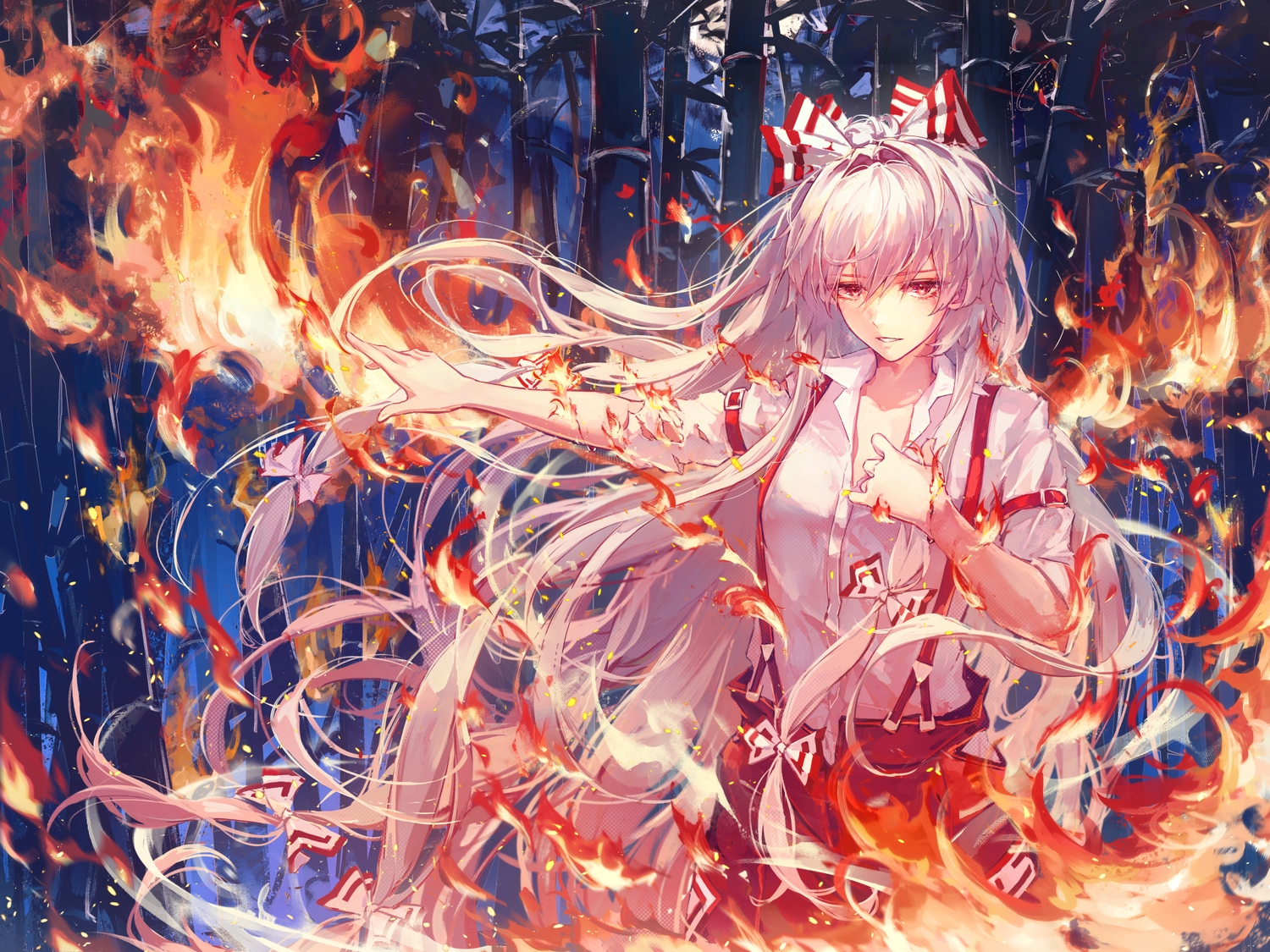 bow, fire, forest, fujiwara_no_mokou, fuunyon, long_hair, magic, moon