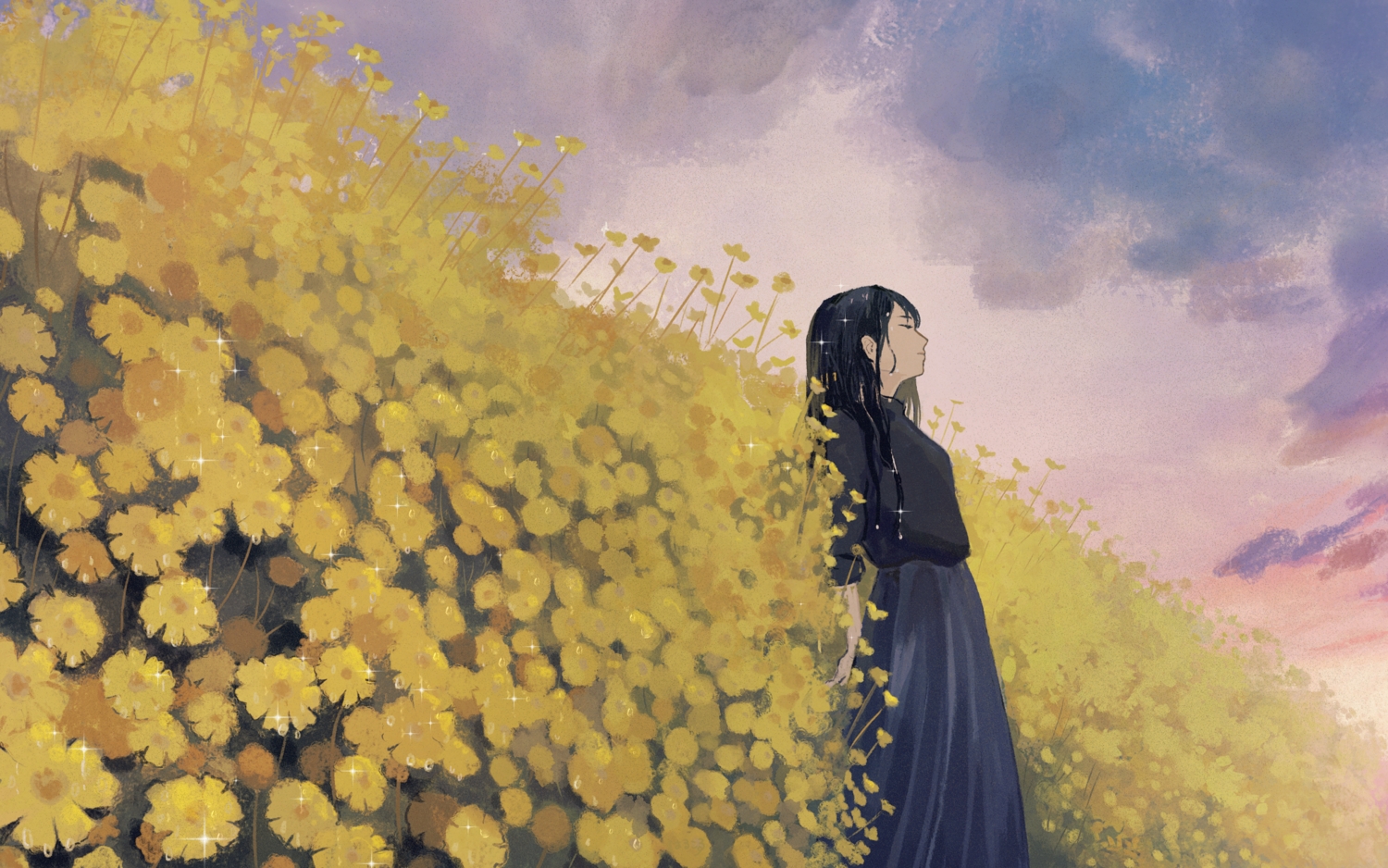 black_hair, clouds, dress, flowers, harucoro25, long_hair, original, scenic