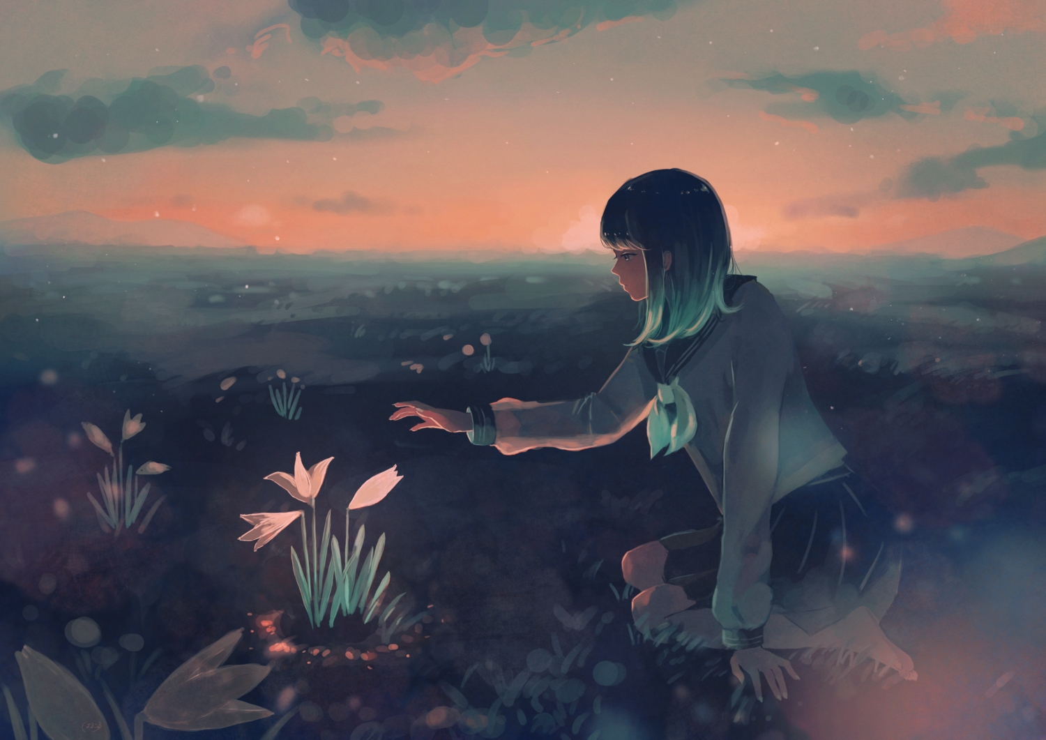 barefoot, clouds, flowers, grass, harucoro25, original, polychromatic, school_uniform