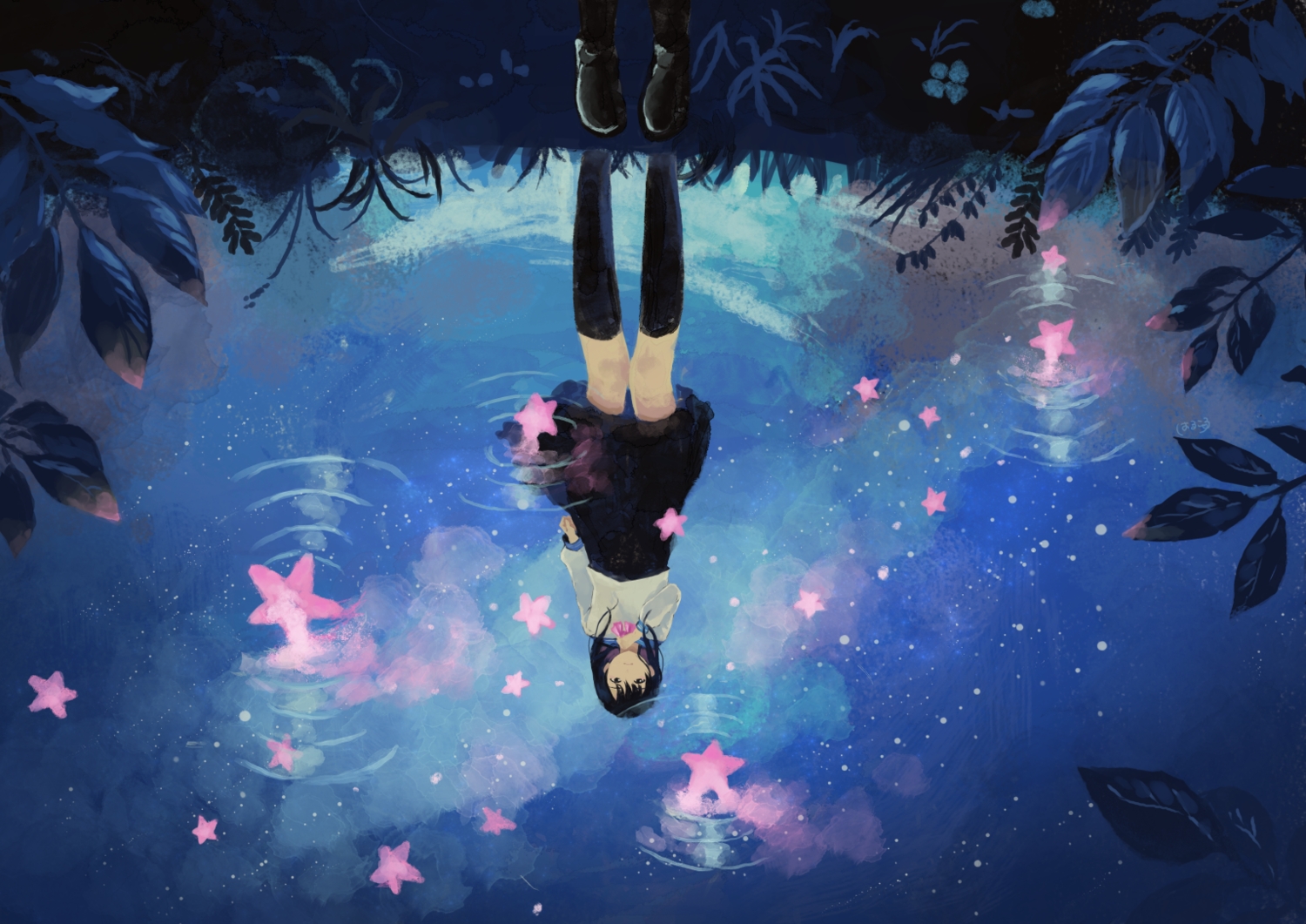 black_hair, harucoro25, kneehighs, original, reflection, school_uniform, signed, skirt, sky, stars, water