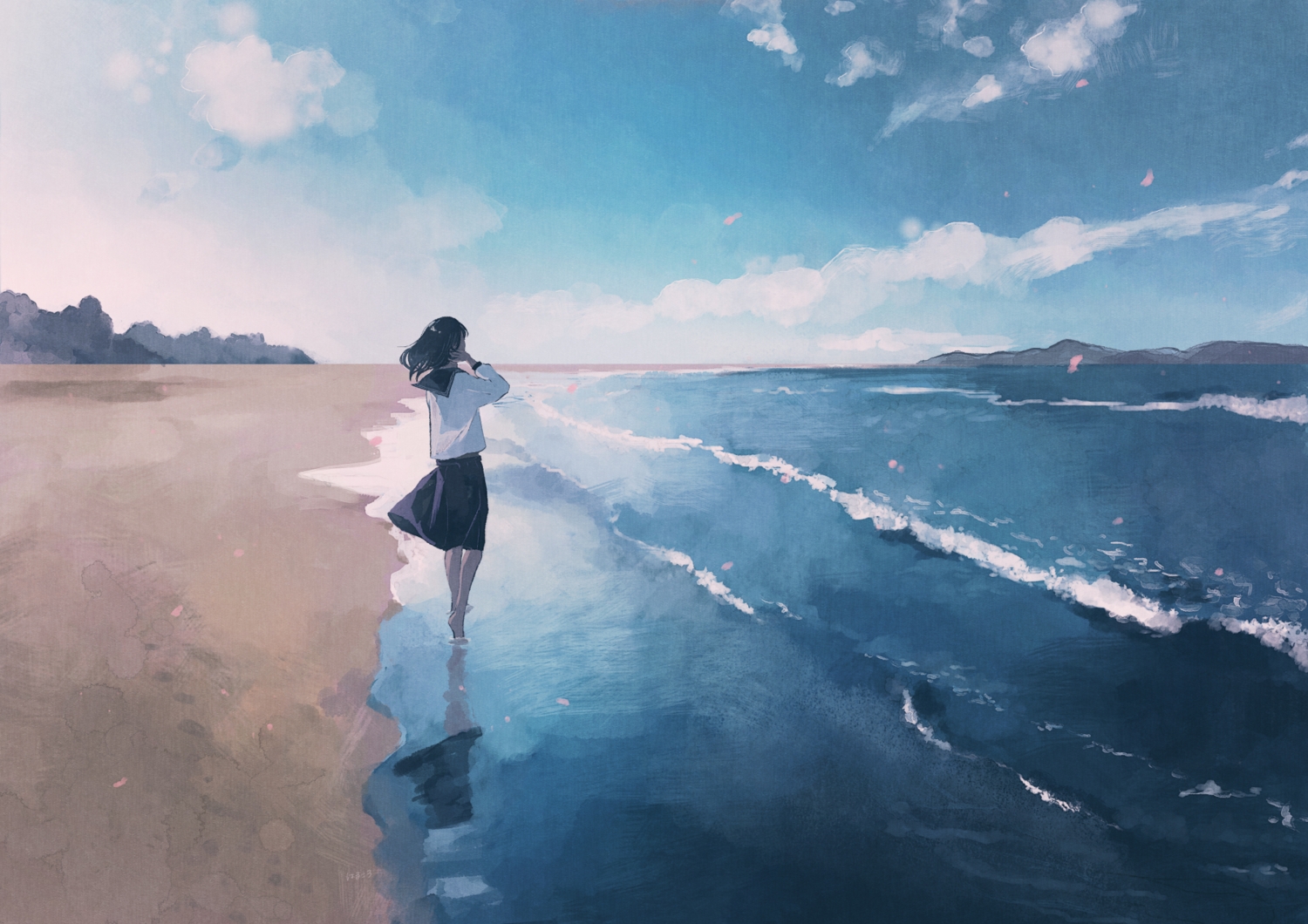 barefoot, beach, black_hair, clouds, harucoro25, original, reflection, scenic