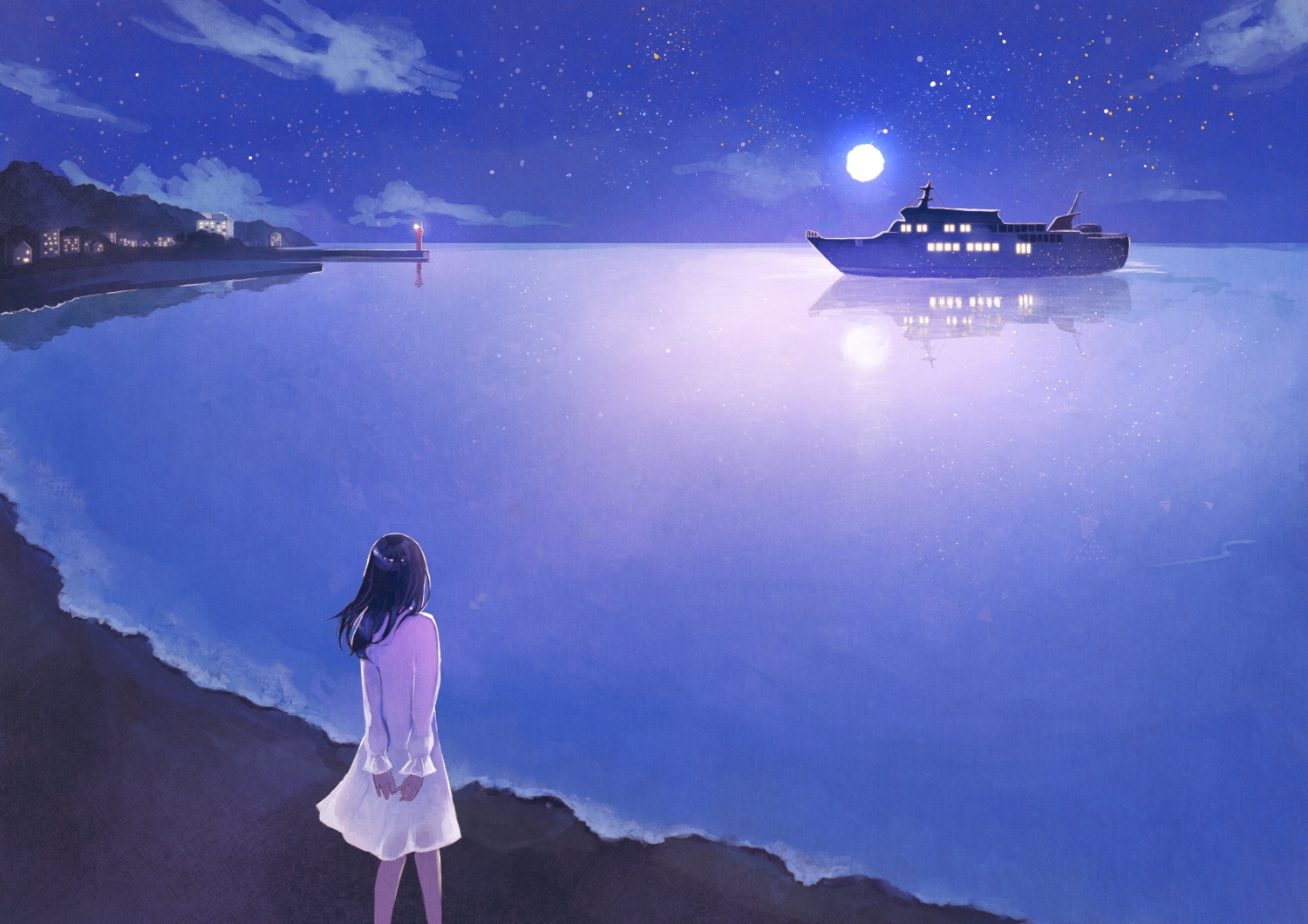 beach, black_hair, boat, building, clouds, dress, harucoro25, long_hair