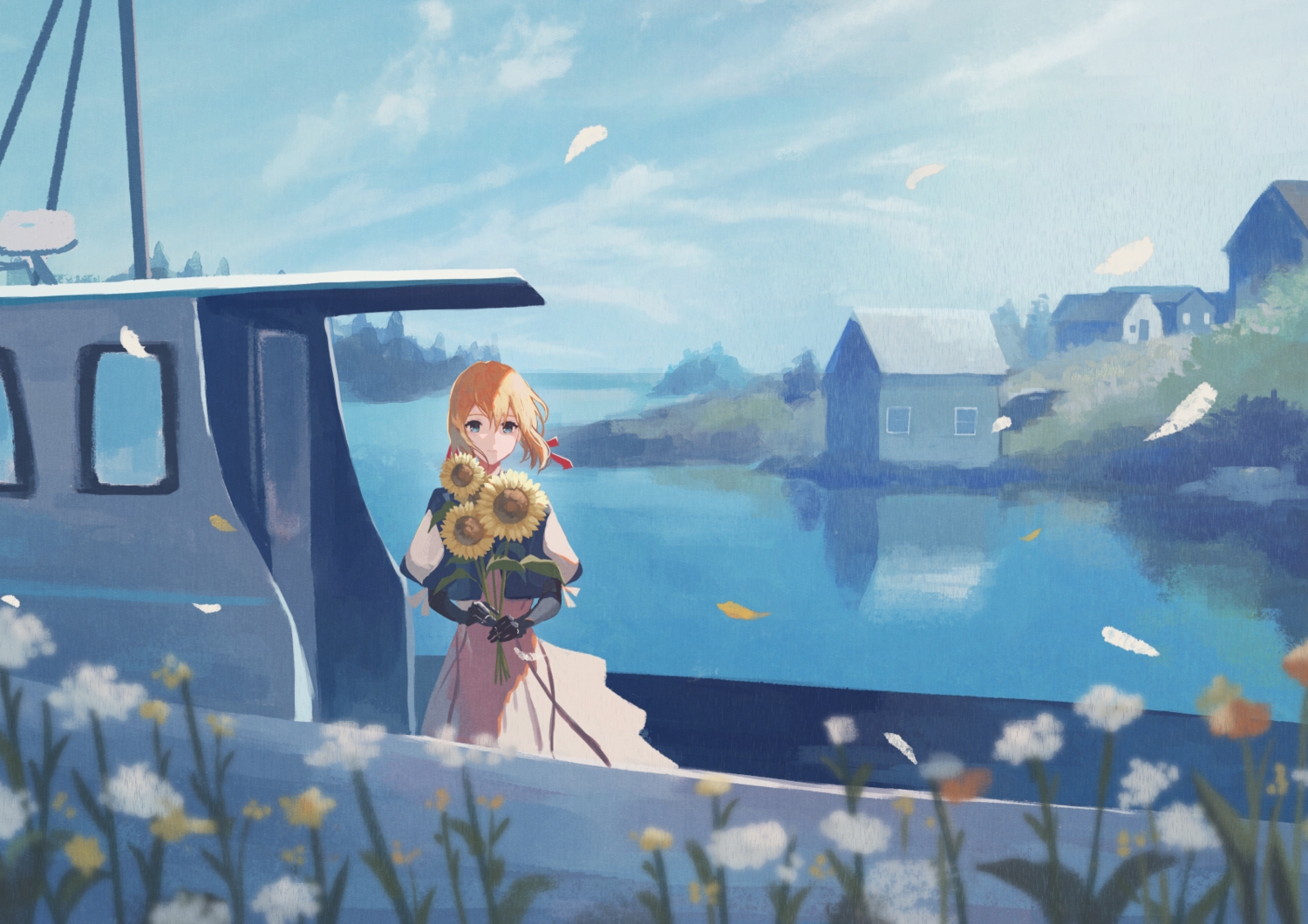 aqua_eyes, blonde_hair, boat, building, clouds, dress, flowers, harucoro25