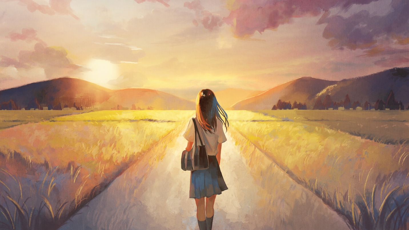brown_hair, clouds, grass, harucoro25, long_hair, original, scenic, school_uniform