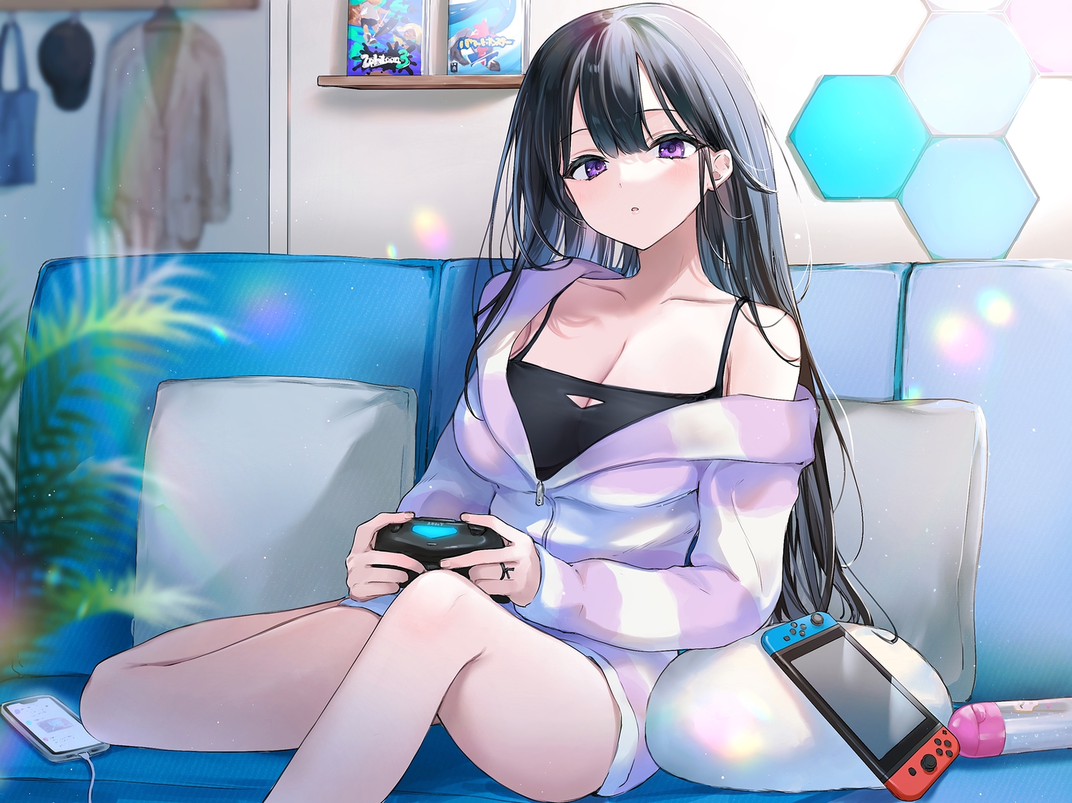aliasing, black_hair, breasts, cleavage, couch, game_console, long_hair, nekoyashiki_pushio, original, pajamas, phone, purple_eyes