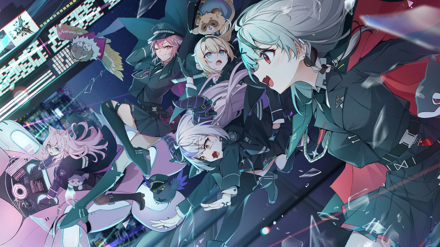 animal_ears, blonde_hair, braids, cat_smile, demon, glasses, gray_hair, group
