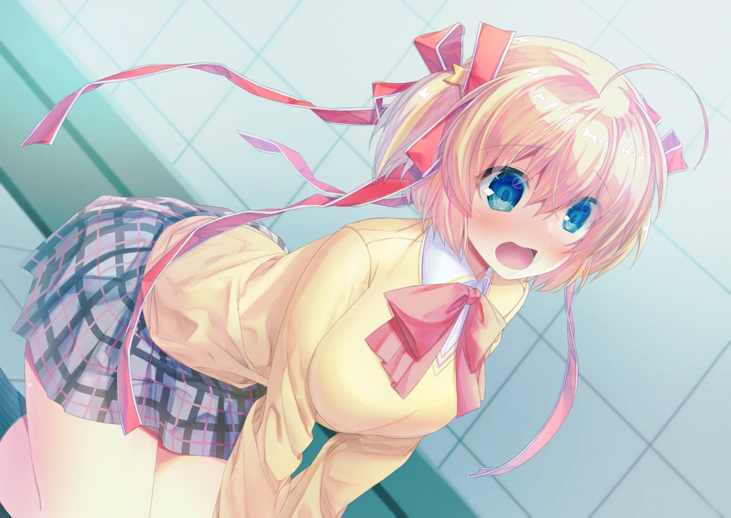 aqua_eyes, blonde_hair, blush, bow, breast_hold, kamikita_komari, little_busters!, natsuoto_rito, ribbons, school_uniform, short_hair, skirt