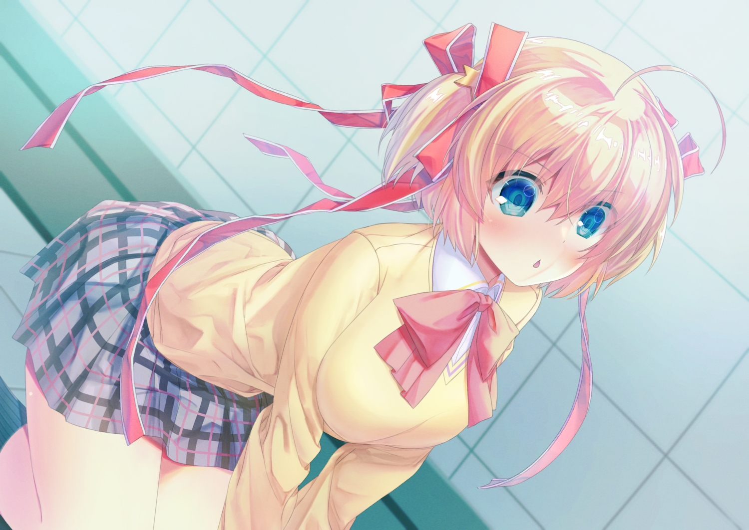 aqua_eyes, blonde_hair, blush, bow, breast_hold, kamikita_komari, little_busters!, natsuoto_rito, ribbons, school_uniform, short_hair, skirt