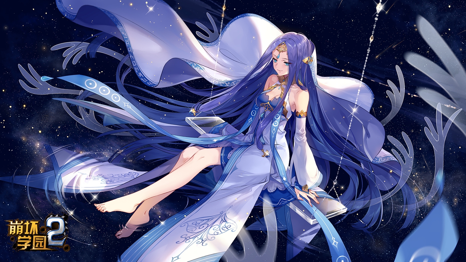 aqua_eyes, barefoot, breasts, cleavage, dress, headdress, honkai_impact, honkai_(series), jyahnar_(benghuai_xueyuan), logo, long_hair, purple_hair, stars, tagme_(artist), water