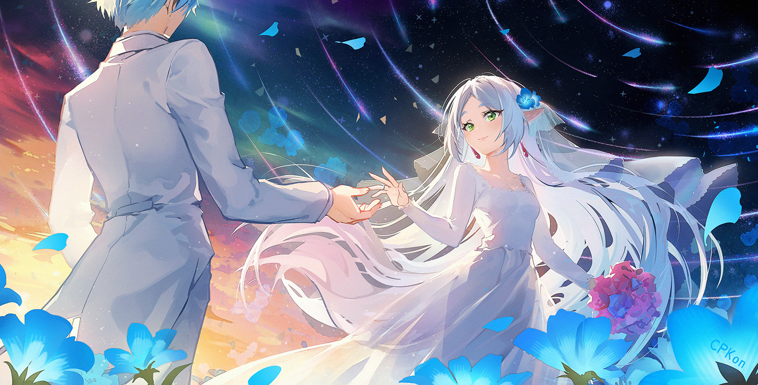 aqua_hair, clouds, cpkon, dress, flowers, frieren, gray_hair, himmel_(sousou_no_frieren)