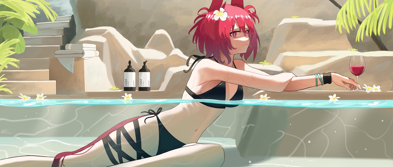 arknights, bikini, breasts, drink, fiammetta_(arknights), flowers, navel, northkiyou, pool, red_eyes, red_hair, swimsuit, tail, towel, water