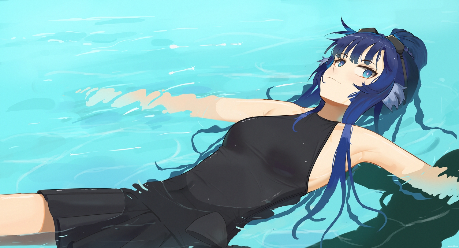 arknights, astgenne_(arknights), black_hair, blue_eyes, breasts, northkiyou, ponytail, skirt, swimsuit, water, watermark