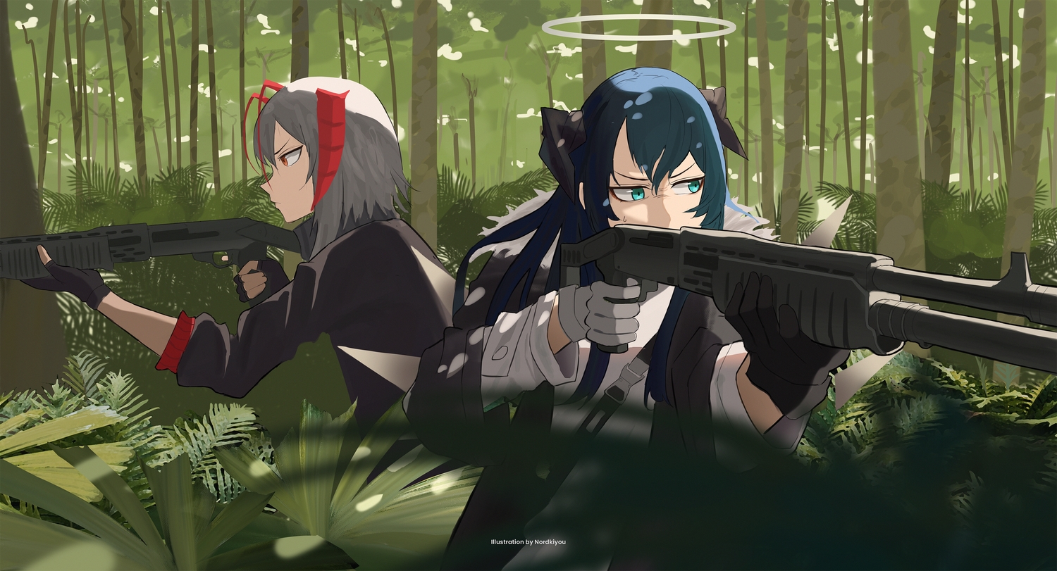 2girls, arknights, blue_eyes, blue_hair, dress, forest, gloves, gray_hair