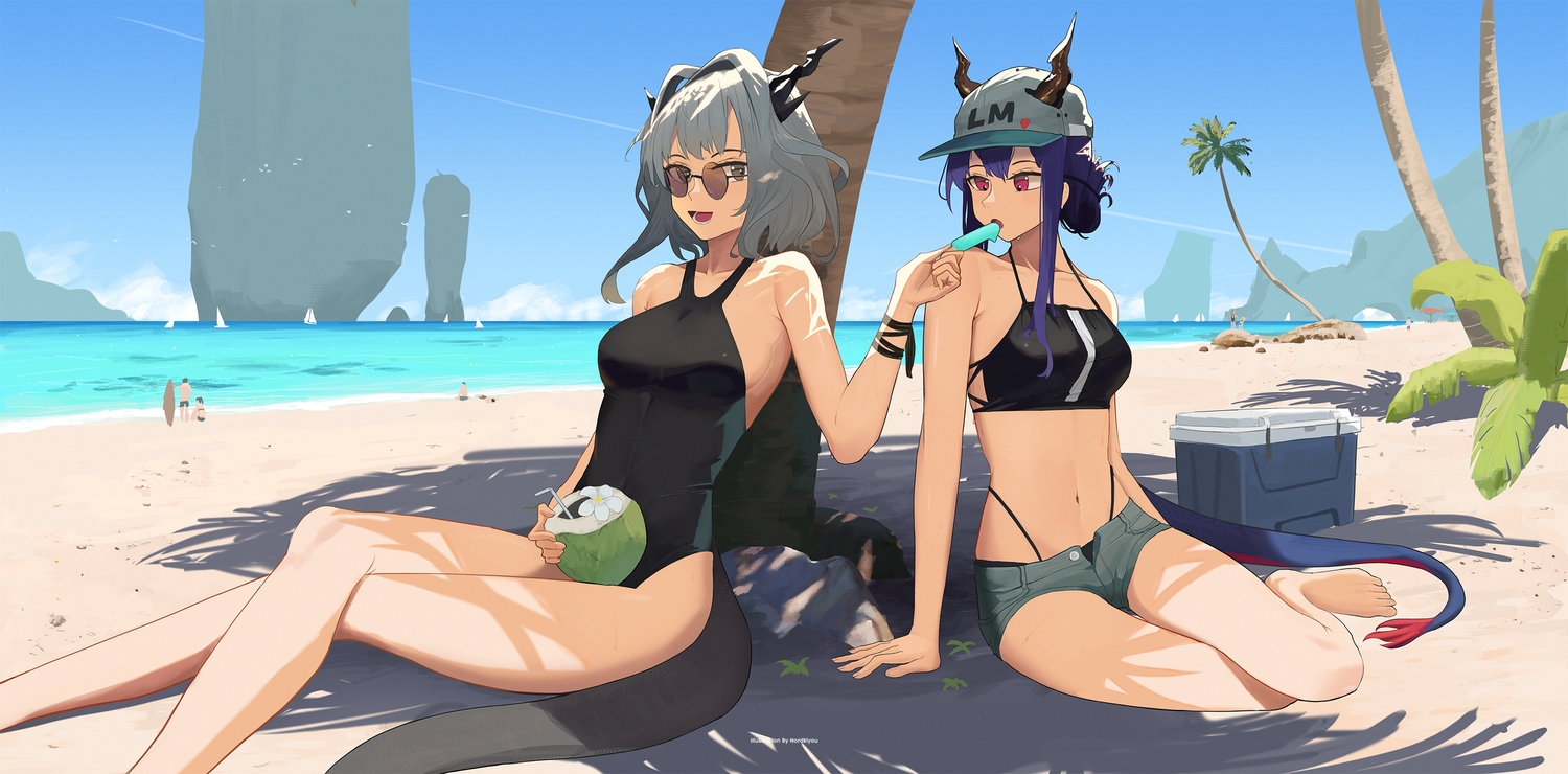 2girls, arknights, beach, bikini, breasts, ch'en_(arknights), clouds, glasses