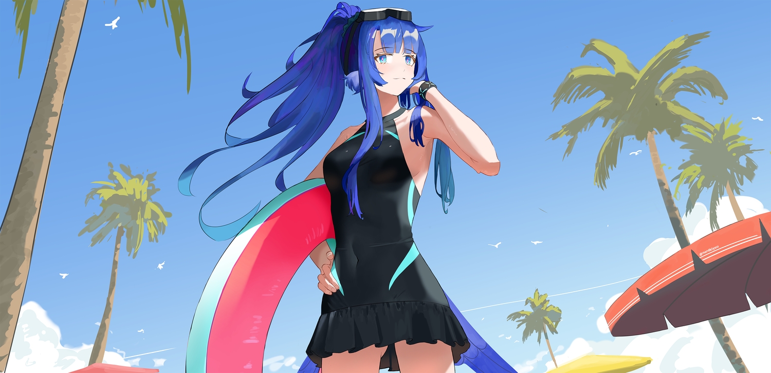 arknights, astgenne_(arknights), blue_eyes, blue_hair, breasts, clouds, long_hair, northkiyou