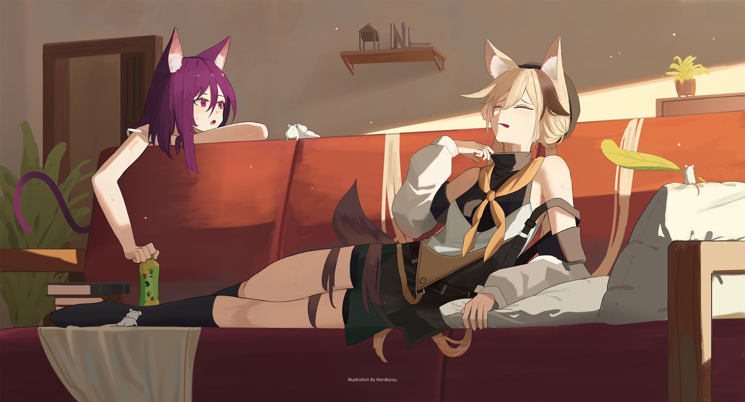 2girls, animal, animal_ears, arknights, blonde_hair, cardigan_(arknights), catgirl, doggirl