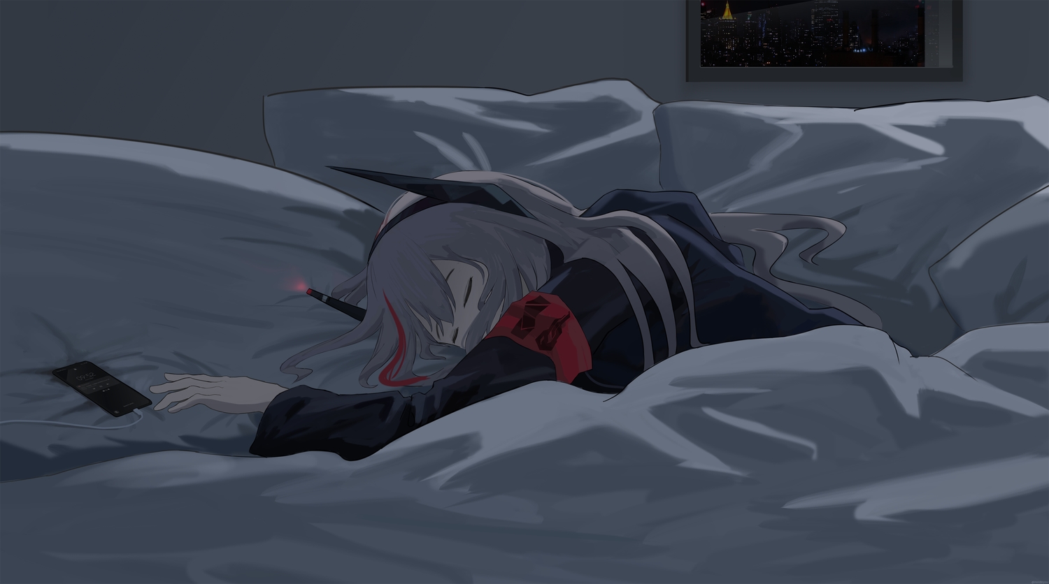 anthropomorphism, bed, dress, girls_frontline, gray_hair, m4_sopmod_ii_(girls_frontline), northkiyou, phone