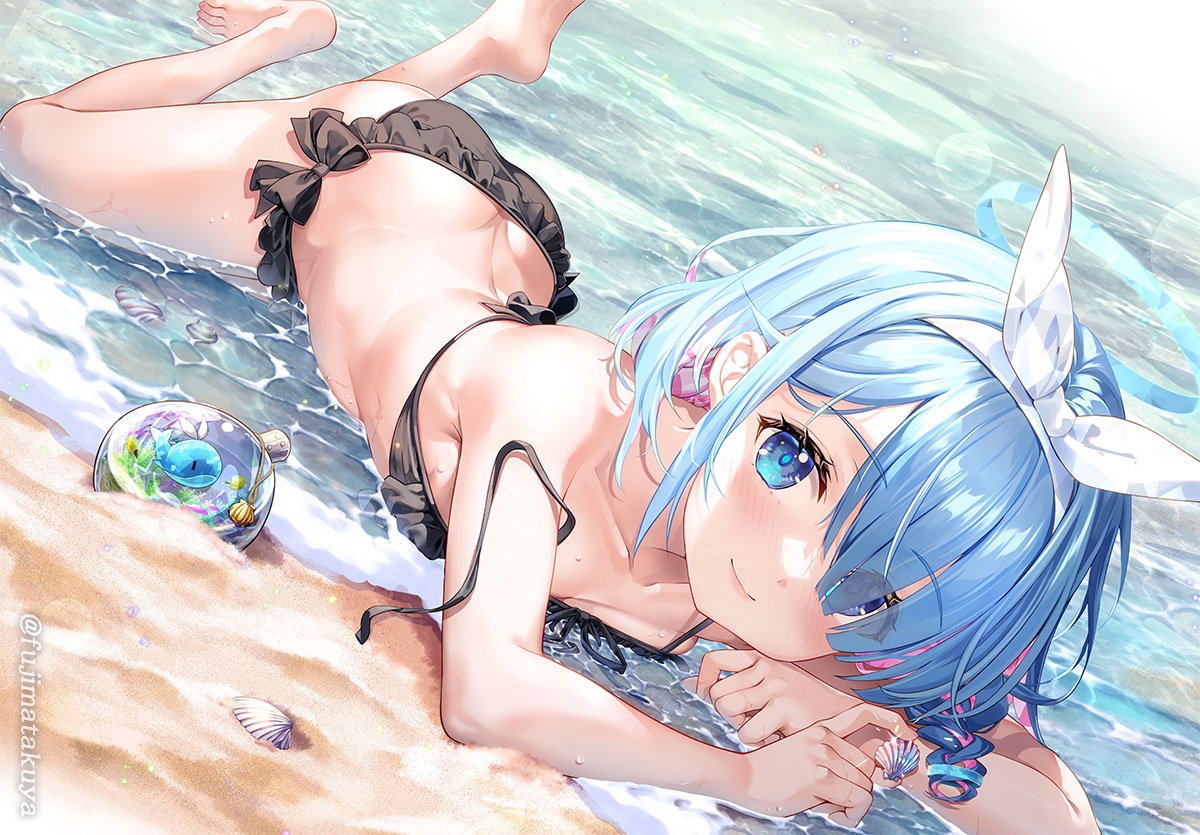 arona_(blue_archive), ass, barefoot, beach, bikini, blue_archive, blue_eyes, blue_hair