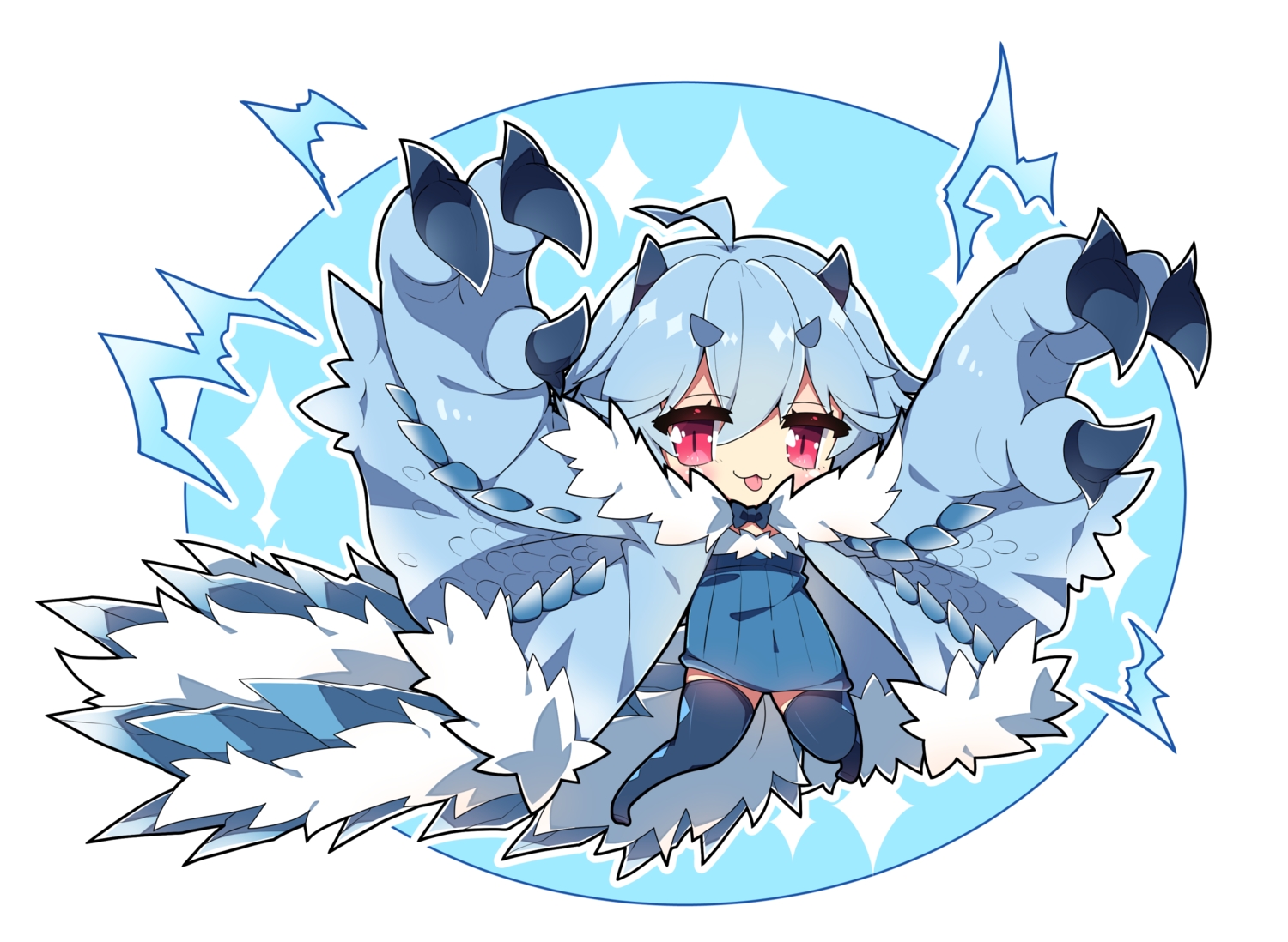 anthropomorphism, aqua_hair, chibi, horns, milkpanda, monster_hunter, red_eyes, thighhighs, tobi-kadachi