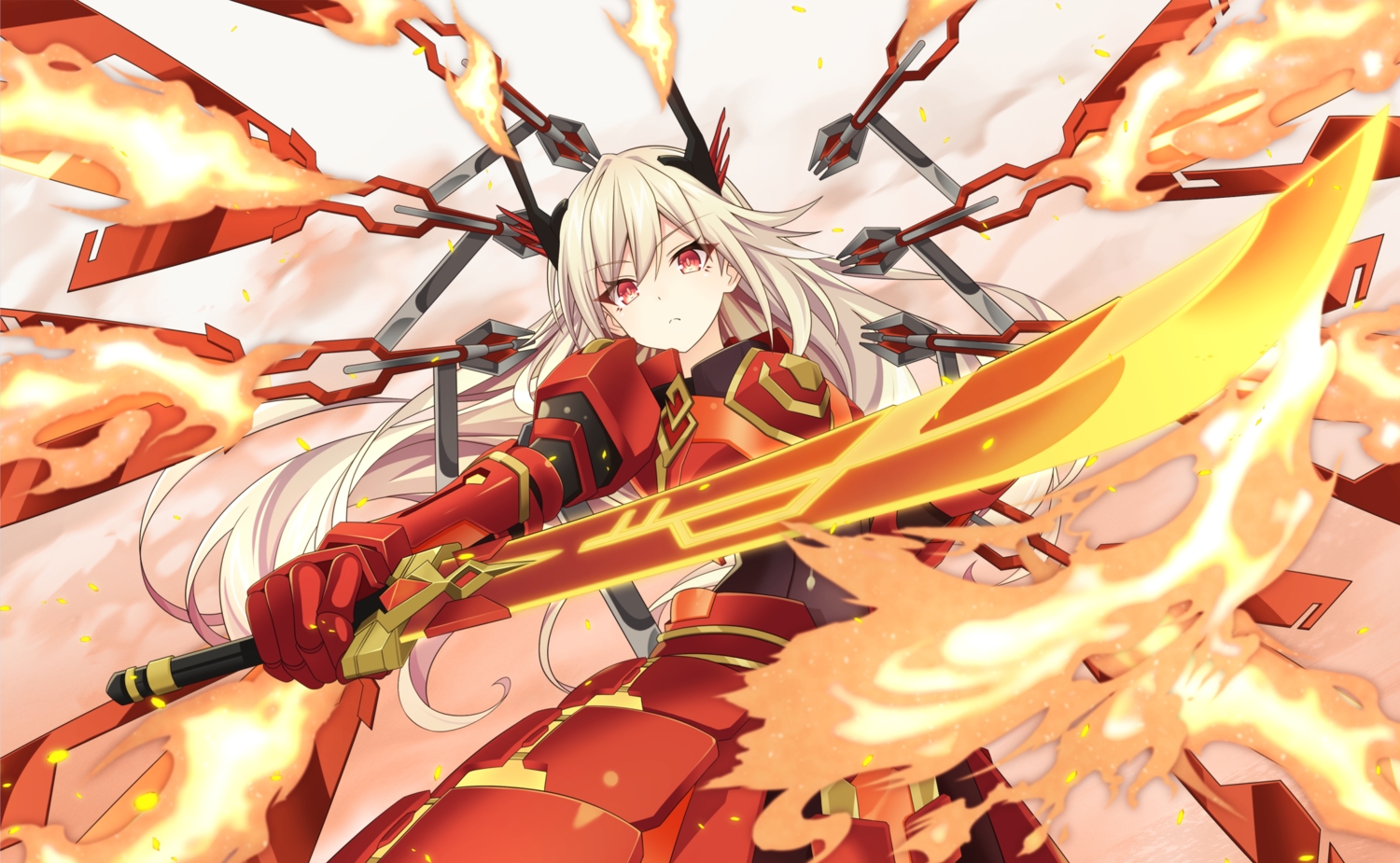 akizawa, armor, blonde_hair, fire, long_hair, red_eyes, sky_striker_ace_-_kagari, sky_striker_ace_-_raye