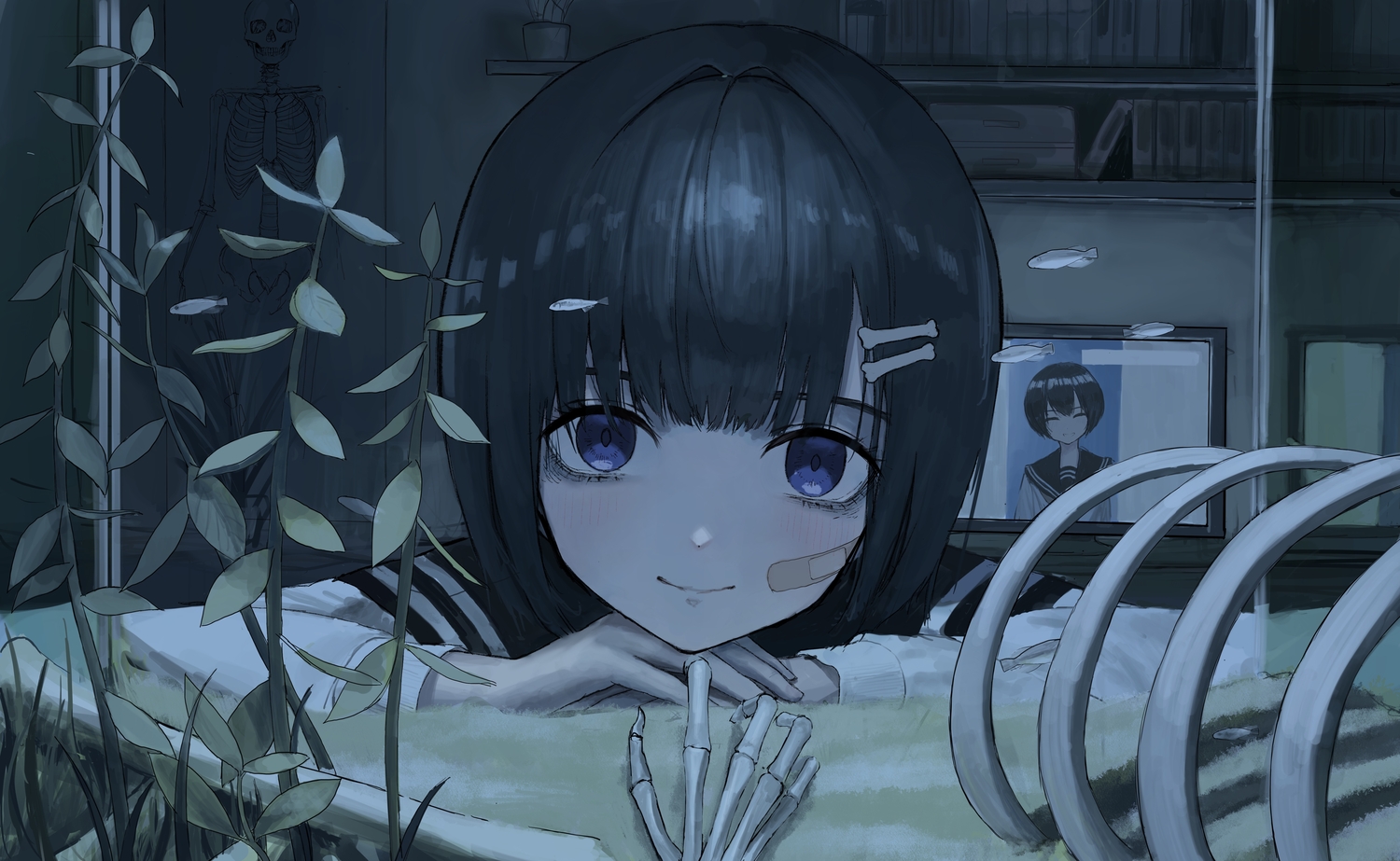 animal, bandaid, black_hair, blue_eyes, blush, bones, close, fish
