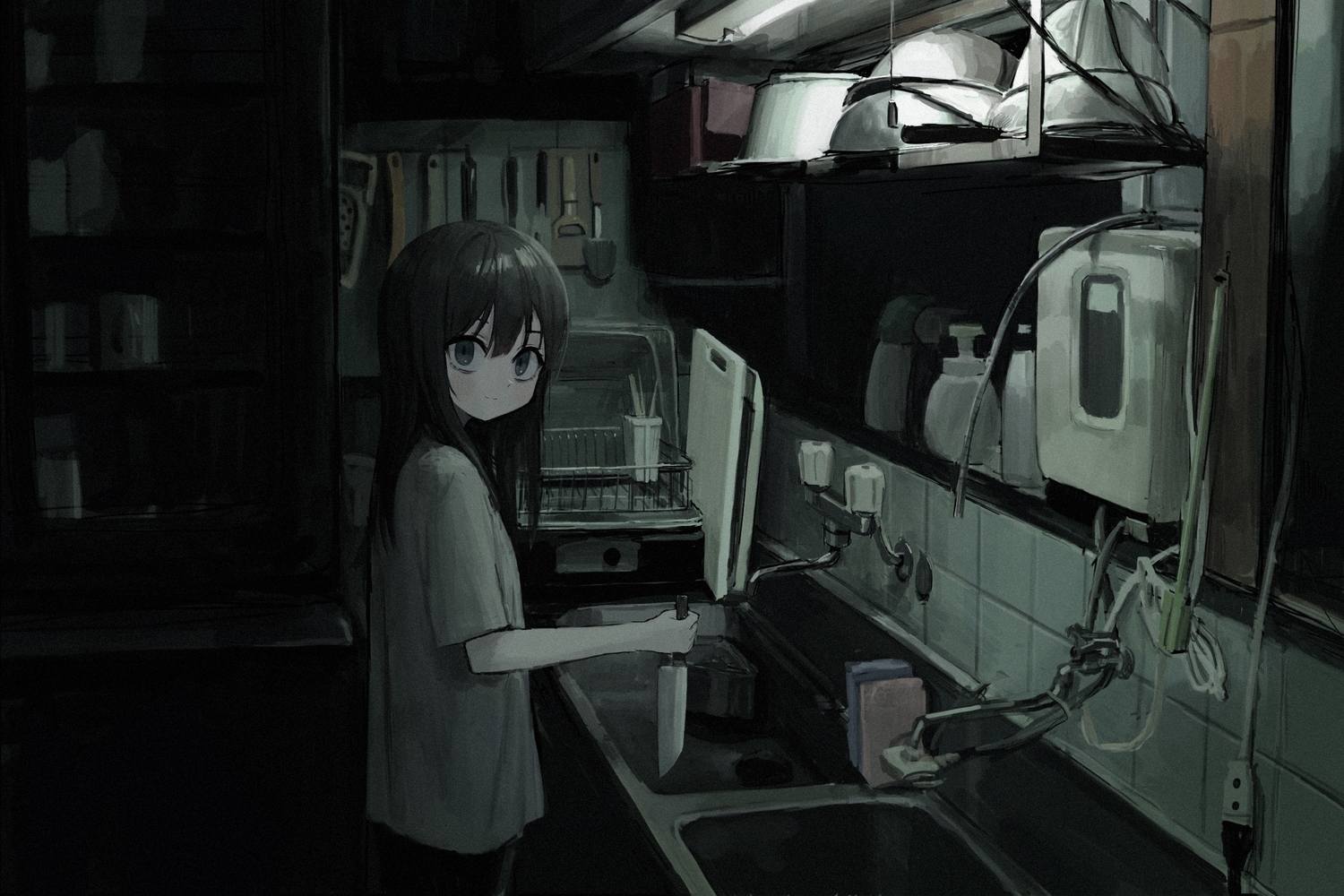 black_eyes, black_hair, blush, dark, knife, long_hair, original, sakiika0513