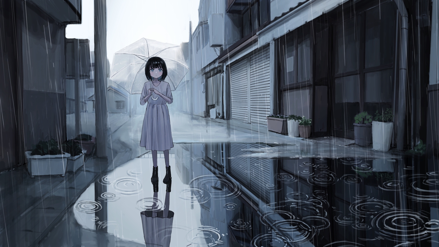 aqua_eyes, black_hair, boots, building, city, dress, original, rain