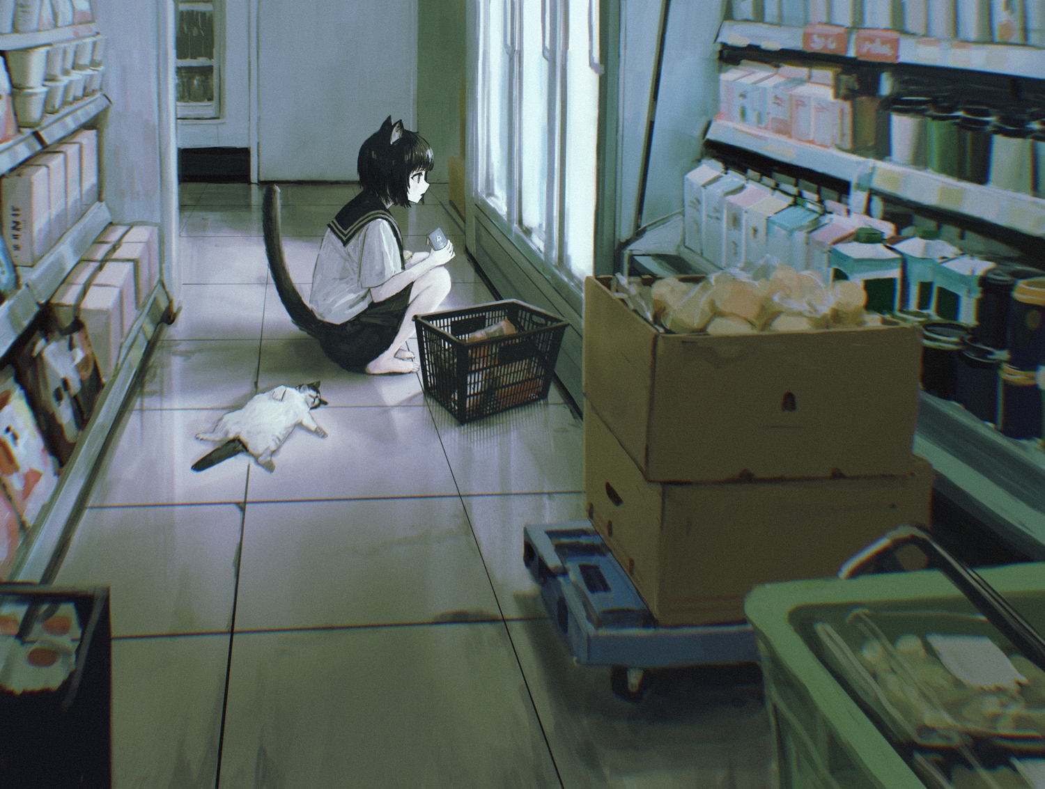 animal, animal_ears, barefoot, black_eyes, black_hair, cat, catgirl, drink