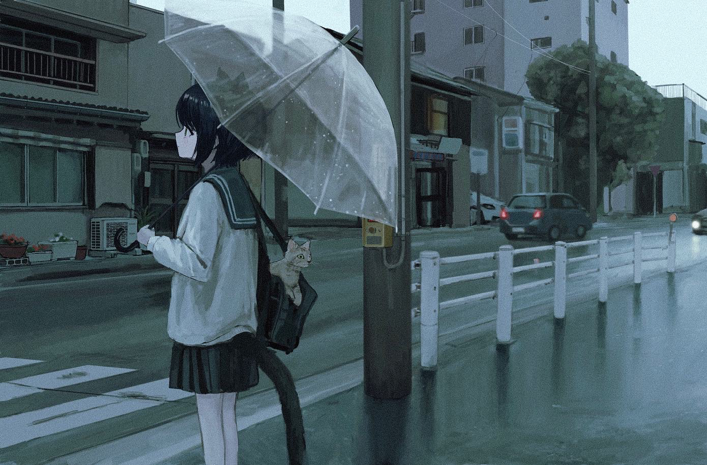 animal, animal_ears, black_hair, blush, building, car, cat, catgirl