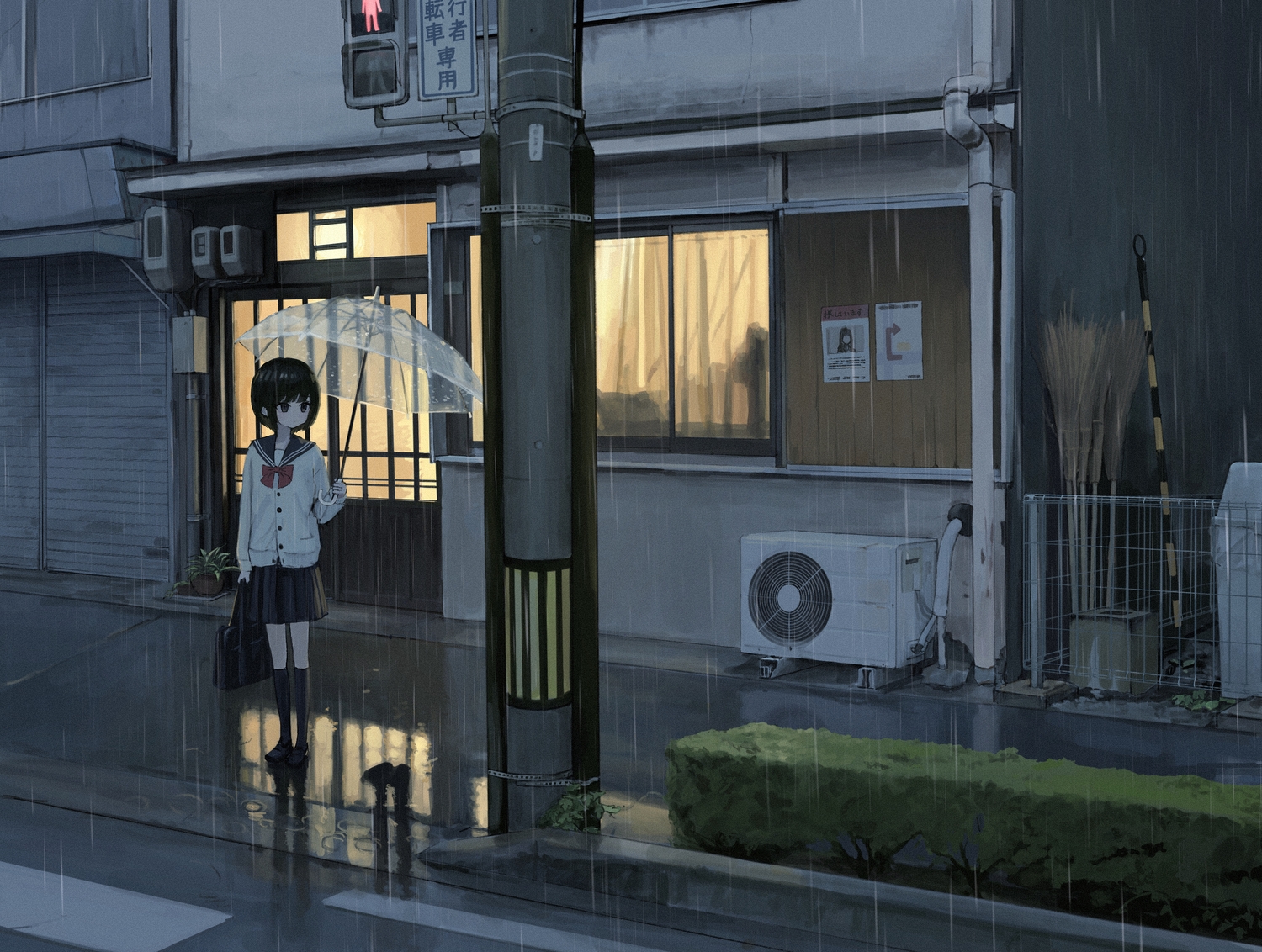 black_eyes, bow, building, dark, kneehighs, original, rain, reflection