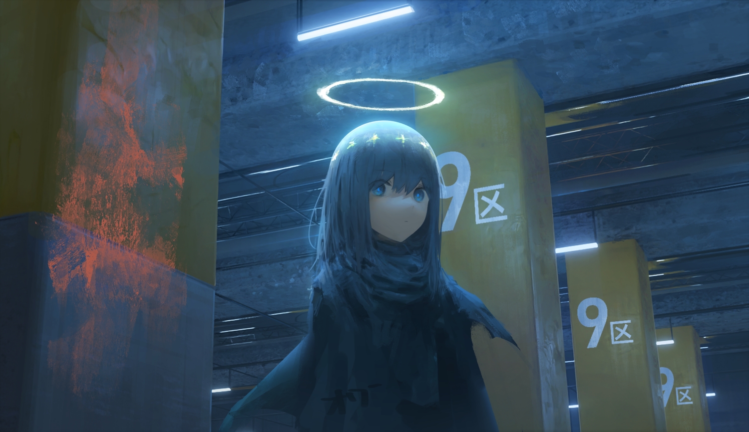 black_hair, blue_eyes, halo, original, peke_(shadow105), scarf