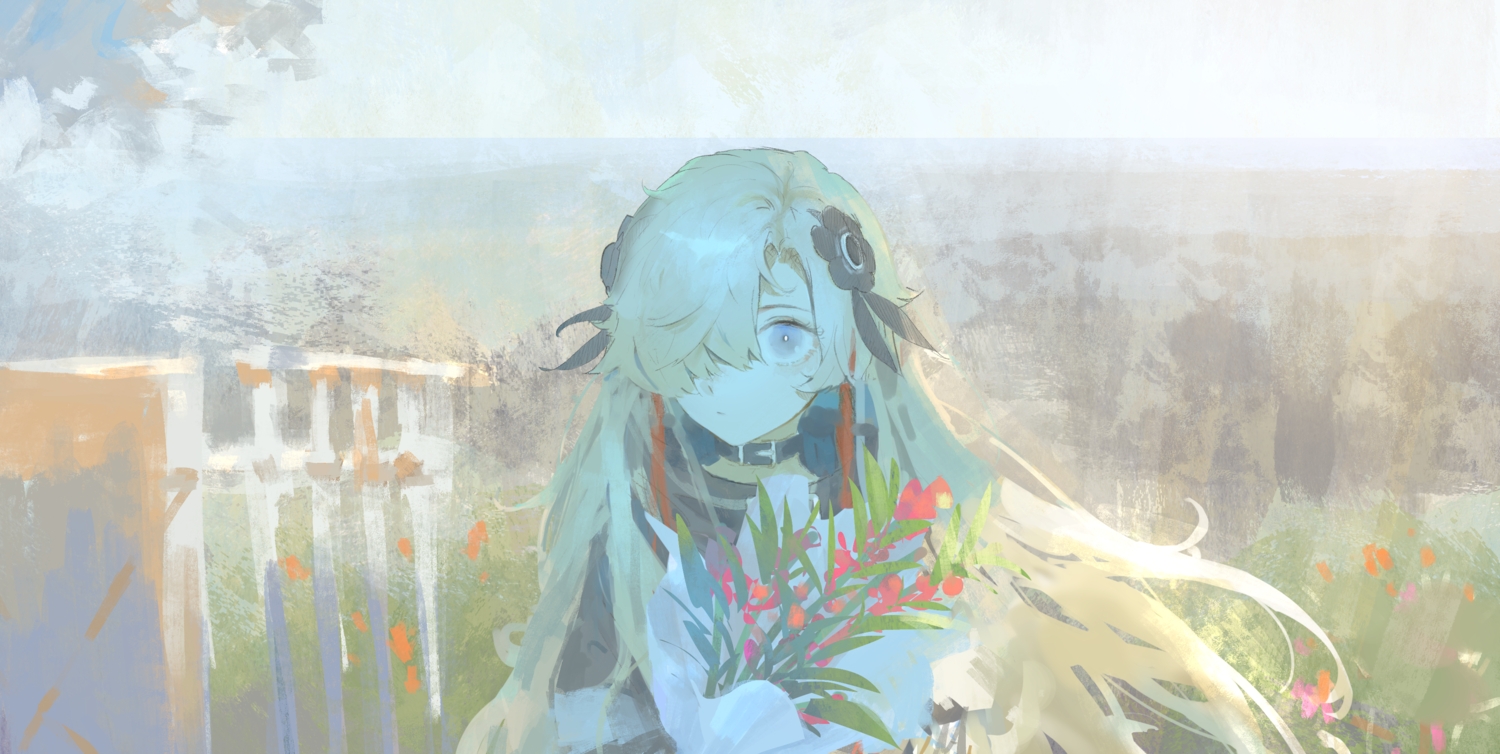 blonde_hair, collar, flowers, gray_eyes, isekaijoucho, kamitsubaki_studio, long_hair, peke_(shadow105)