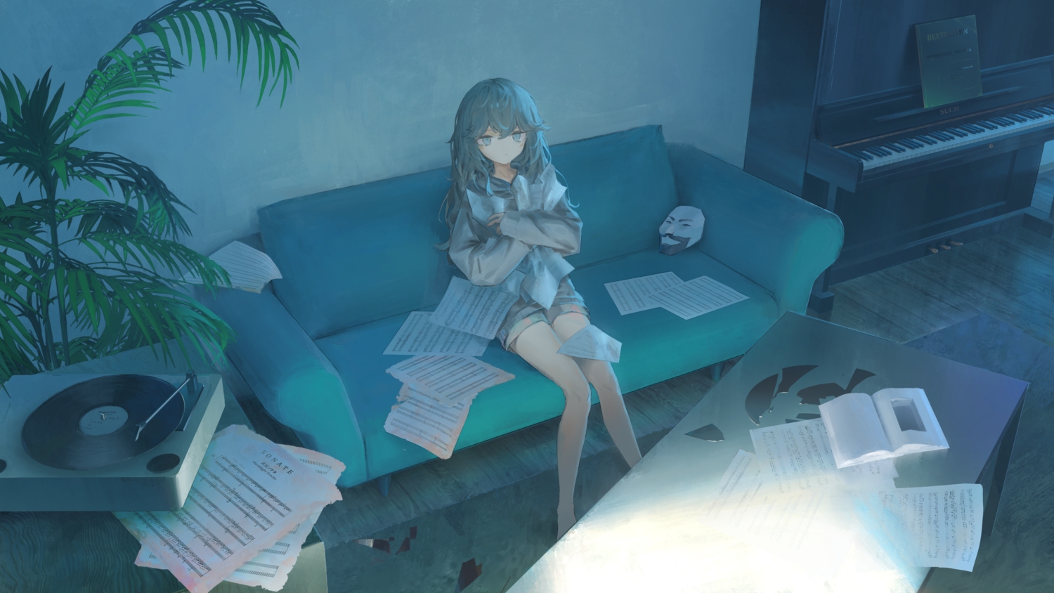blue_eyes, couch, gray_hair, hood, instrument, long_hair, mask, original