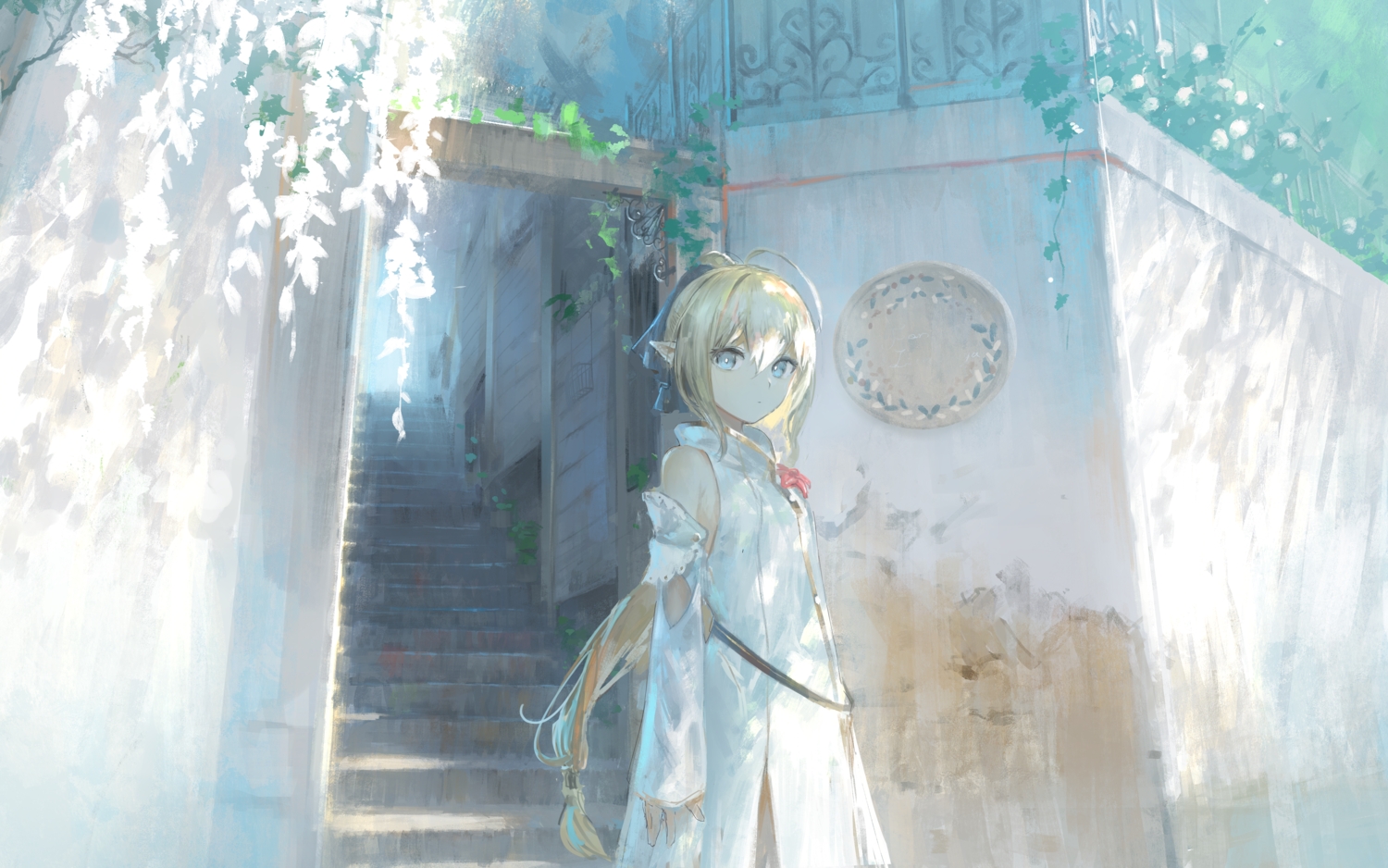 blonde_hair, blue_eyes, building, long_hair, peke_(shadow105), pointed_ears, ponytail, stairs