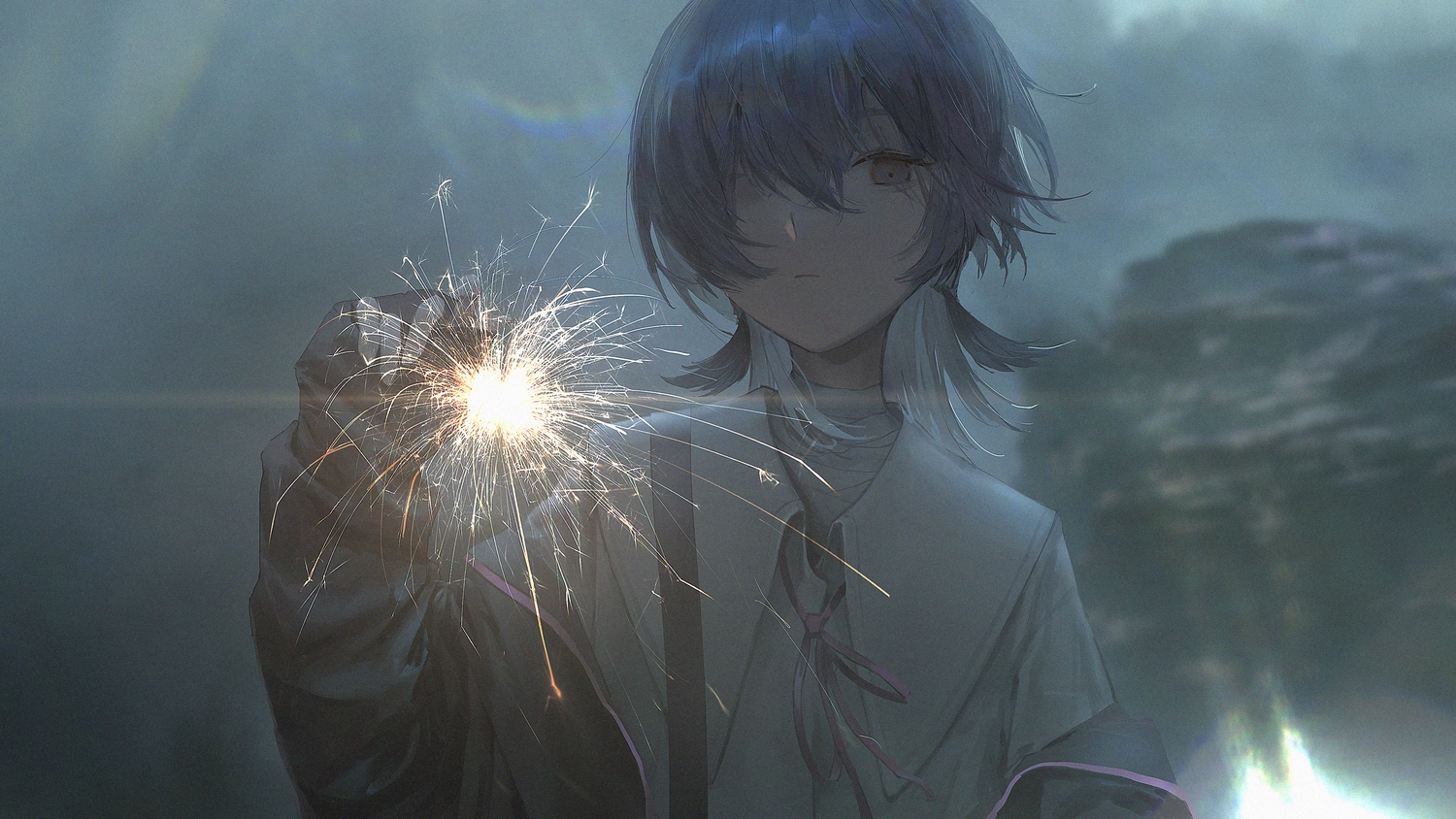 brown_eyes, close, dark, fireworks, gray_hair, original, peke_(shadow105), ribbons