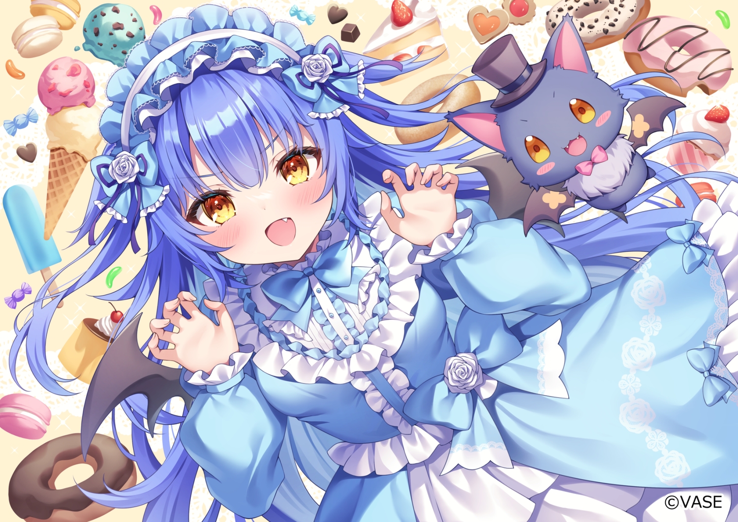 animal, blue_hair, cake, candy, chocolate, dress, fang, food