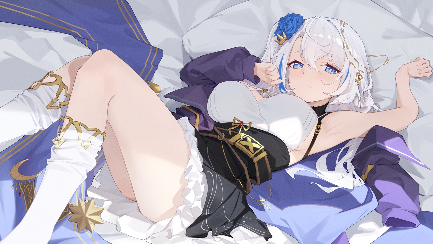 bed, blue_eyes, dress, flowers, gray_hair, kneehighs, long_hair, original, rose, sukaliya