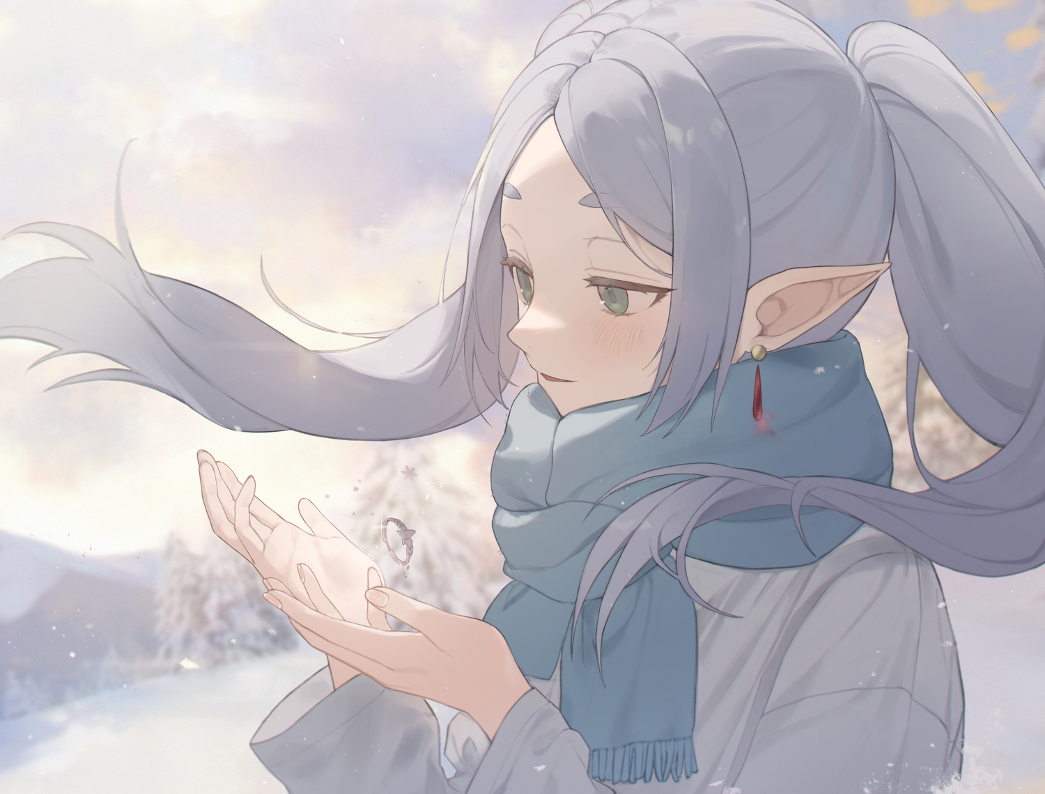 blush, close, ff_01, frieren, gray_hair, green_eyes, long_hair, pointed_ears, scarf, sky, snow, sousou_no_frieren, tree, twintails, winter