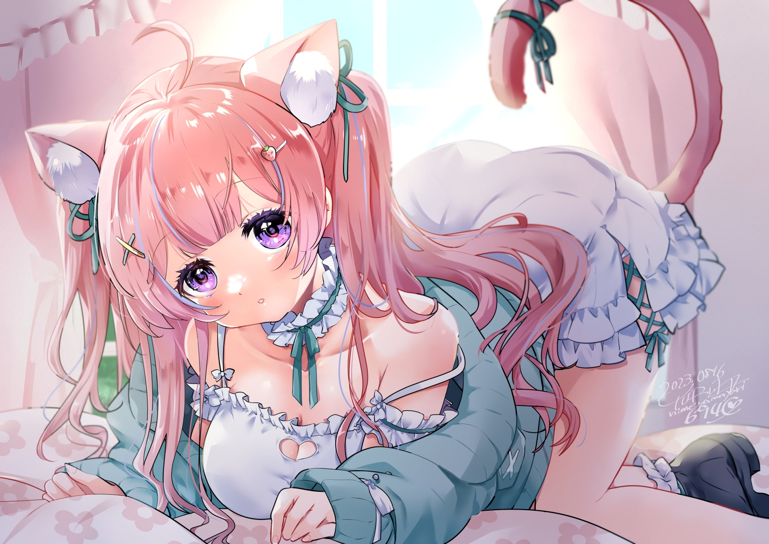 animal_ears, ass, bed, catgirl, dress, himeyamayuri, itigori_ena, long_hair, pink_hair, purple_eyes, signed, tail