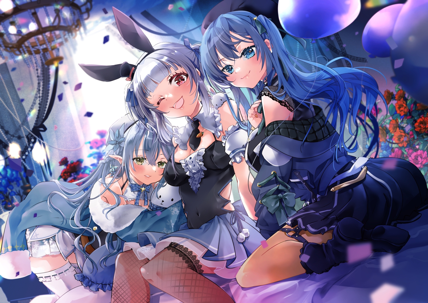 animal_ears, blue_hair, blush, boots, bow, breasts, bunny_ears, bunnygirl
