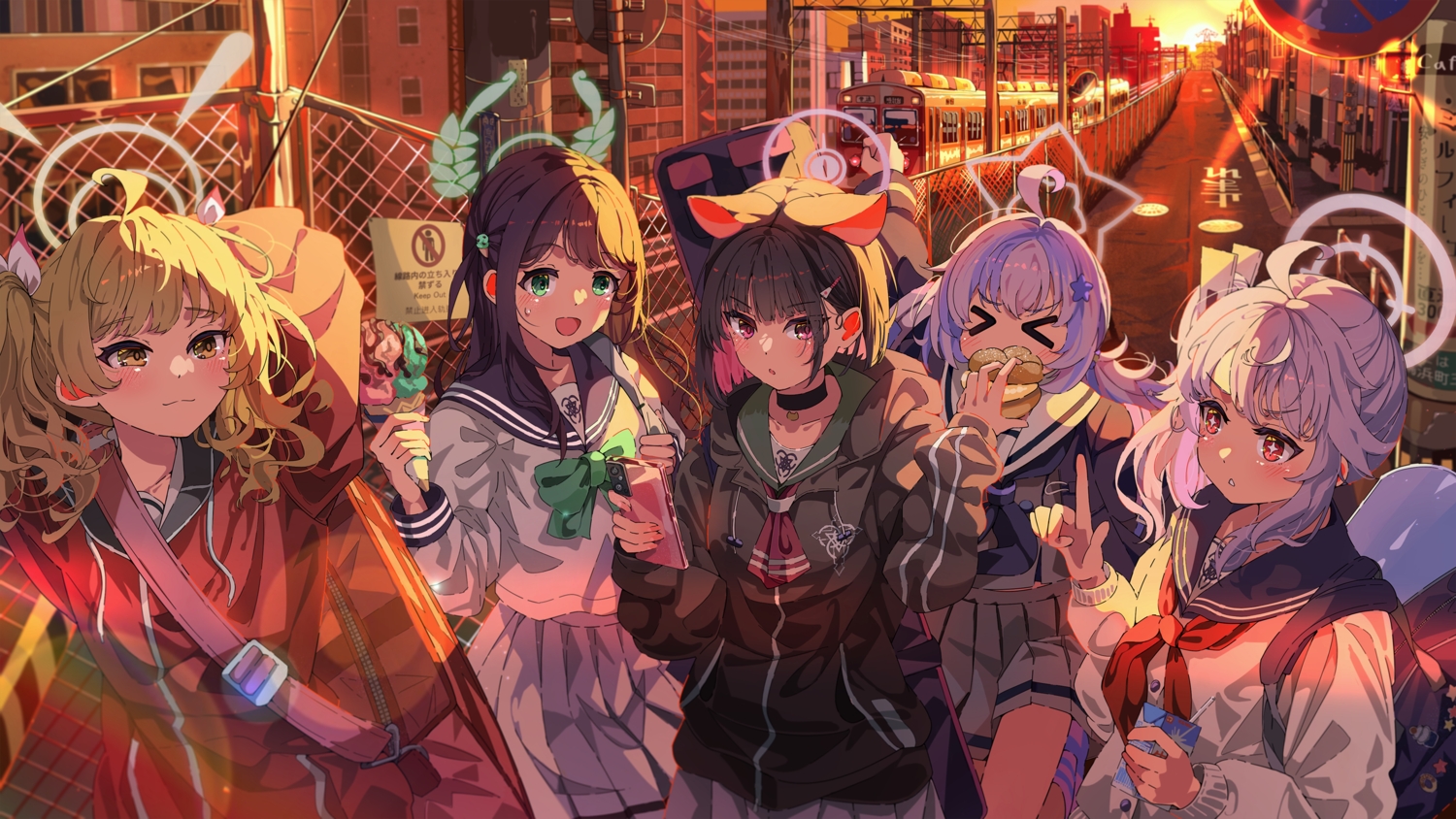 animal_ears, black_hair, blonde_hair, blue_archive, blush, bow, brown_eyes, building
