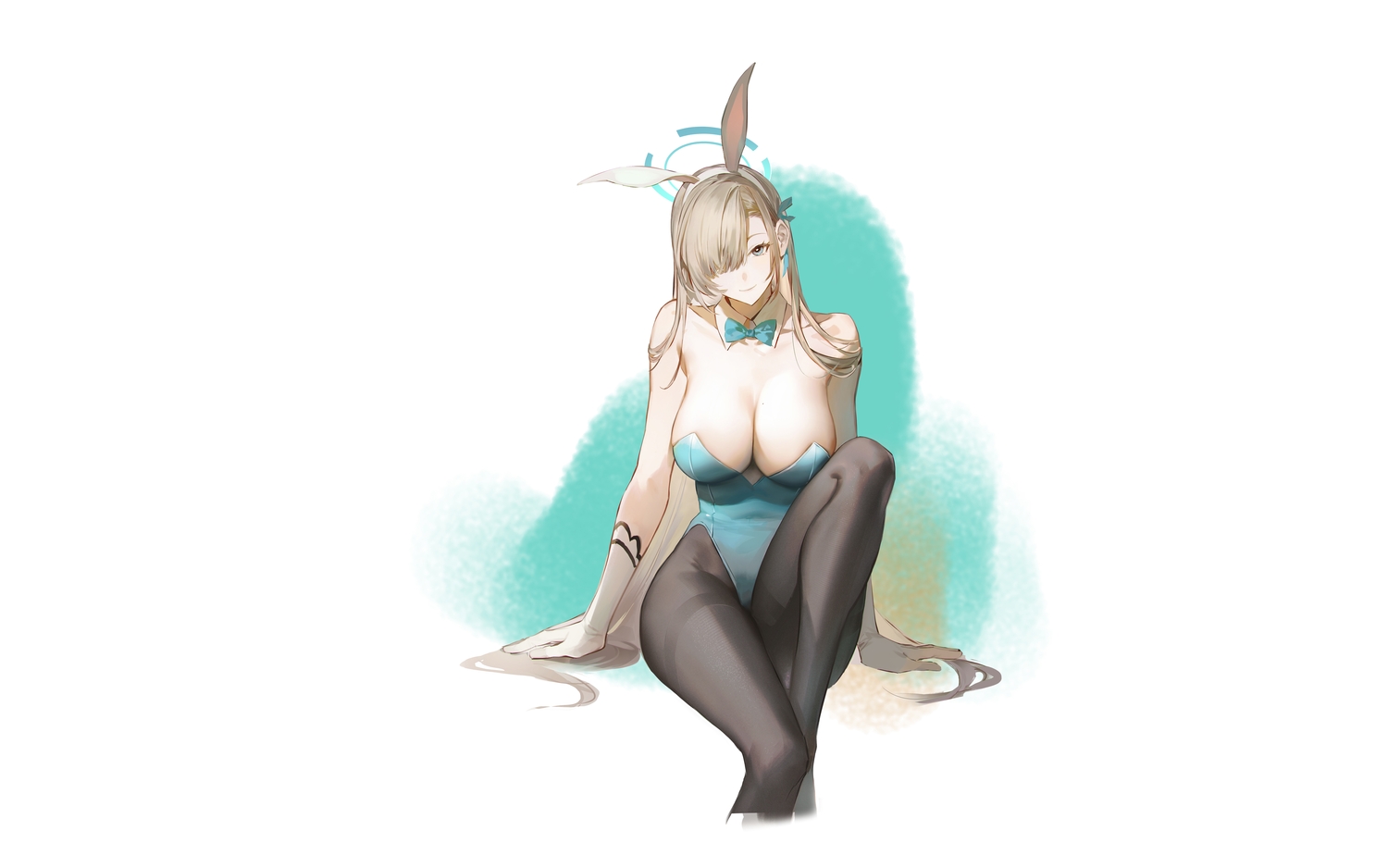 animal_ears, blue_archive, blue_eyes, breasts, brown_hair, bunny_ears, bunnygirl, gloves, halo, headband, ichinose_asuna, leotard, long_hair, pantyhose, sf, white