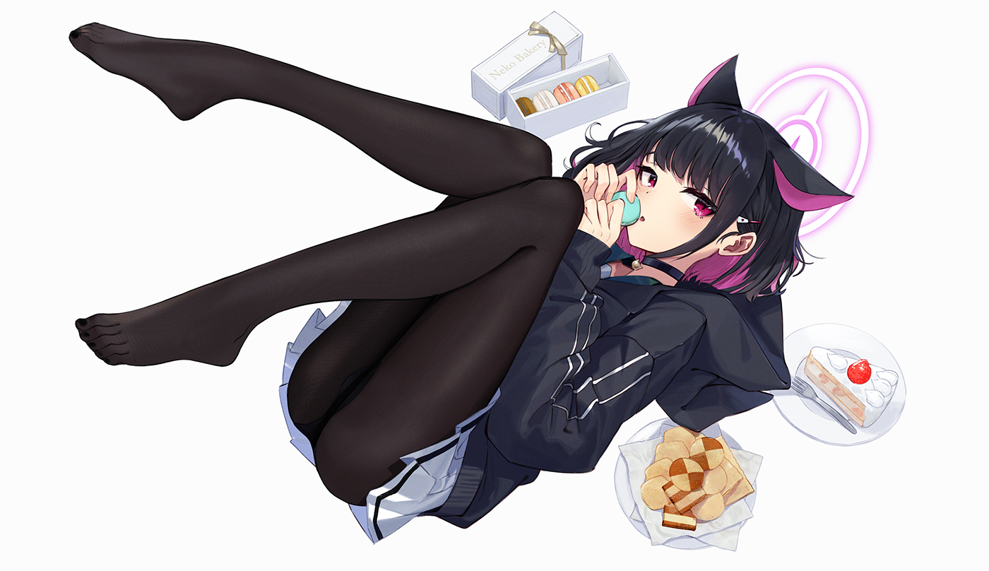 animal_ears, black_hair, blue_archive, cake, catgirl, choker, food, halo